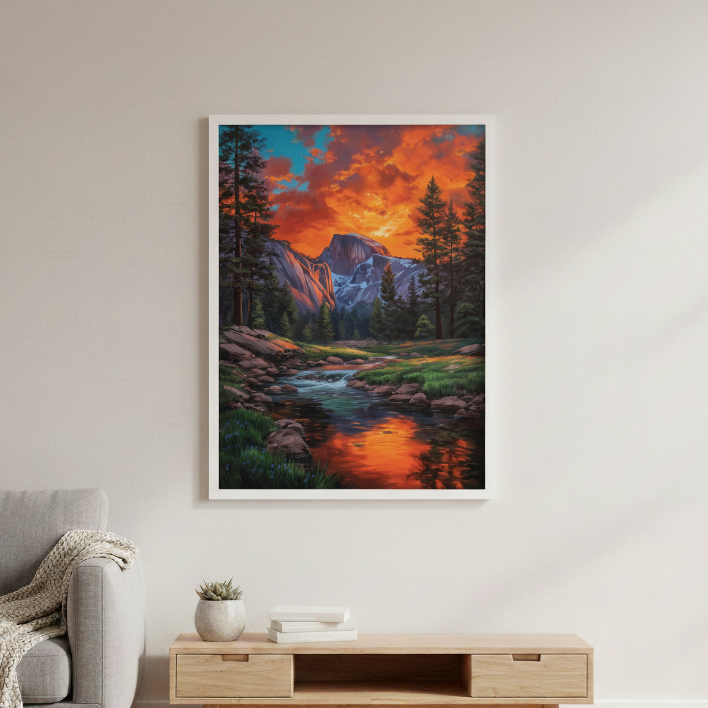 Yosemite Half Dome Canvas or Poster Print, Sunset Landscape Wall Art, Forest River Canvas, Mountain Home Decor, Gift for Hiker