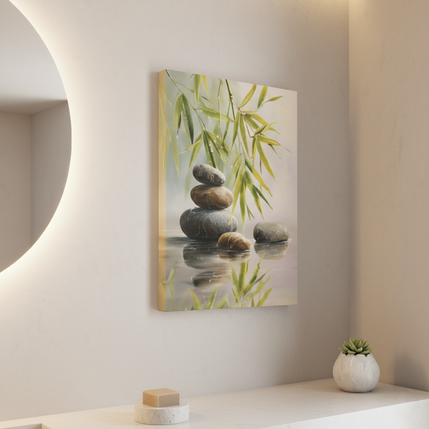 Zen Bamboo and Stones Canvas or Poster Print, Spa Bathroom Decor, Tranquil Nature Wall Art, Minimalist Asian-Inspired Poster