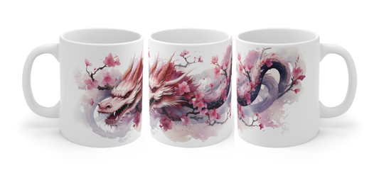 Cherry Blossom Mug, Japanese Dragon Mug, Sakura Tree Coffee Mug, Japanese Flower Tea Cup, Spring Mug, Water Color Style
