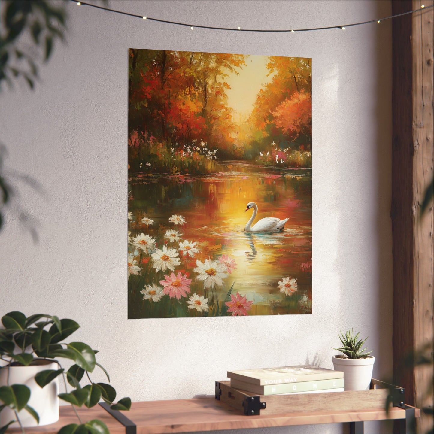 Impressionist Swan Pond Poster, Nature Wall Art Print, Daisy Flower Art, Home Office Decor, Painting Style Wall Art Print, Living Room Decor