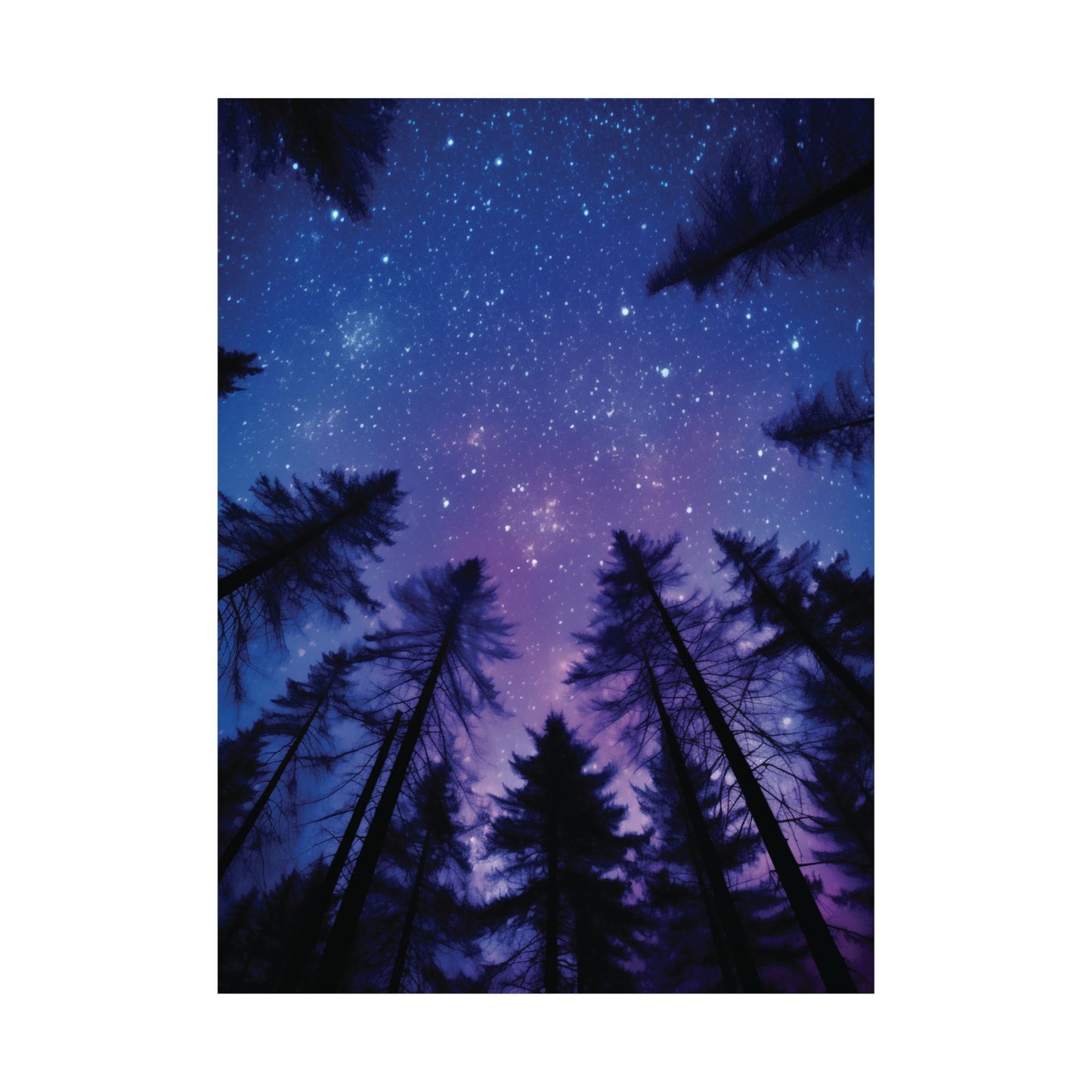 Celestial Starry Night Sky Poster, Trees Silhouette Astronomy Print, Nature Lover Home Decor, Galaxy Wall Art Gift, Dreamy Purple Blue Sky