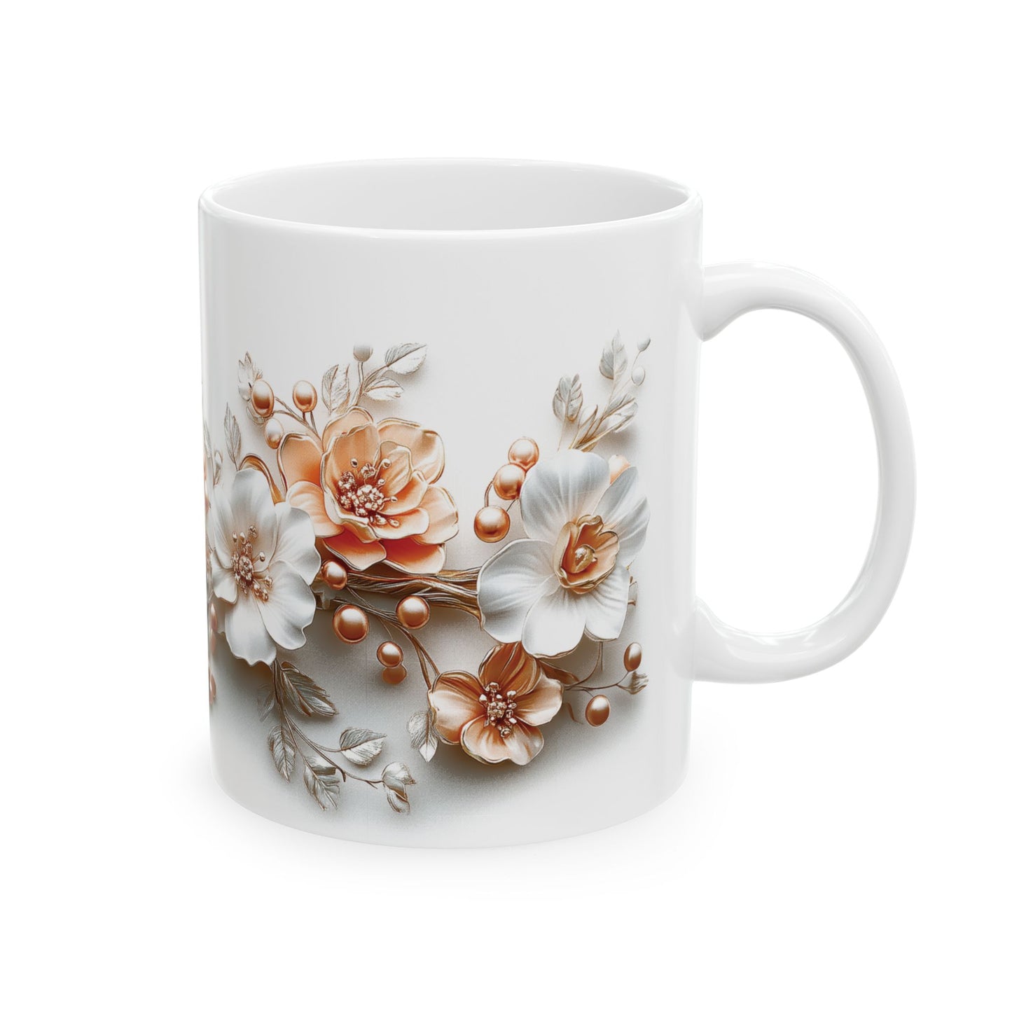 Floral Ceramic Mug, Mother's Day Gift, Peach and White Flower Design, Coffee Tea Cup, Appreciation Gift, Gift for Her, Mother's Day Present