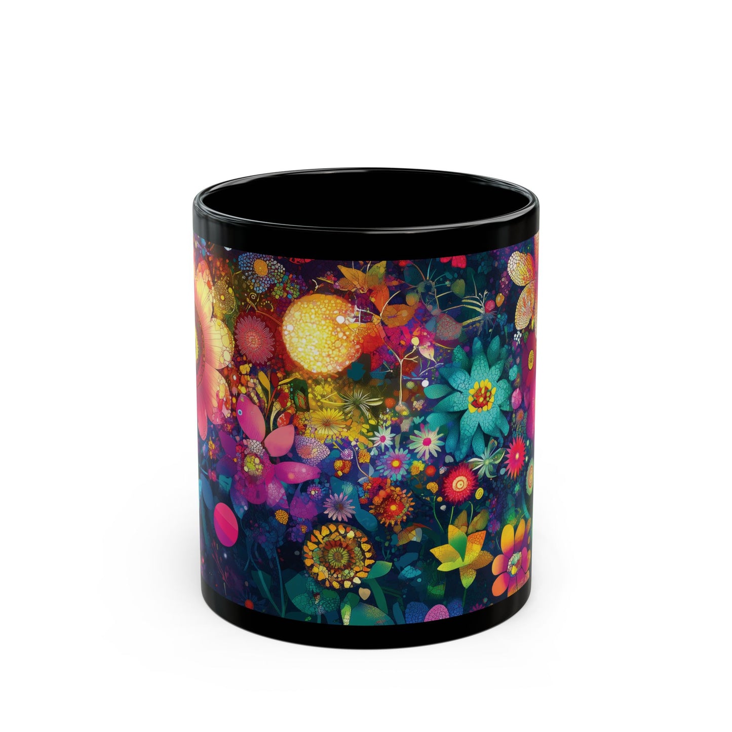 Colorful Floral Garden Black Mug, Vibrant Flower Art Coffee Cup, Gift for Mom, Mosaic Style Drinking Mug, Butterfly and Orb Design