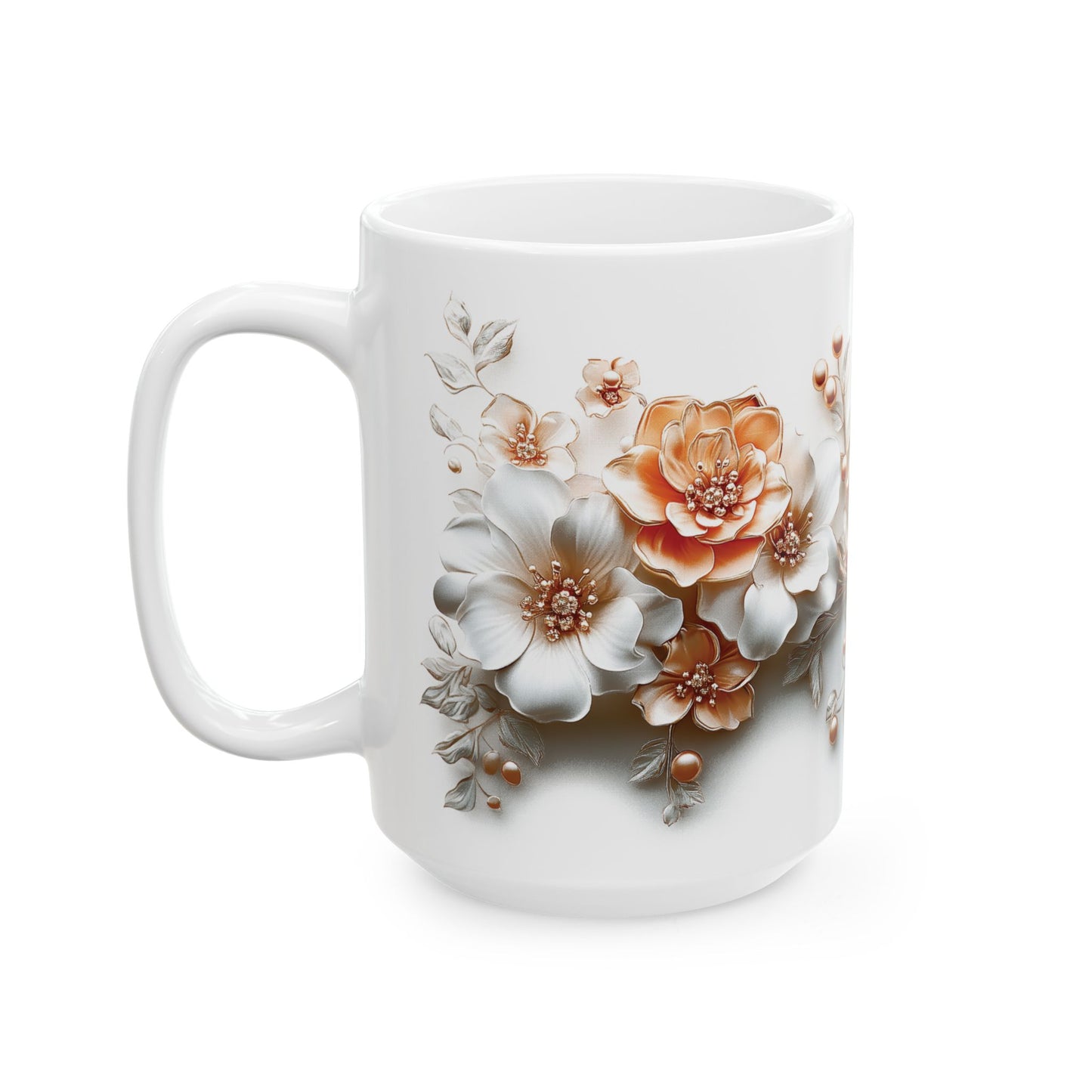 Floral Ceramic Mug, Mother's Day Gift, Peach and White Flower Design, Coffee Tea Cup, Appreciation Gift, Gift for Her, Mother's Day Present