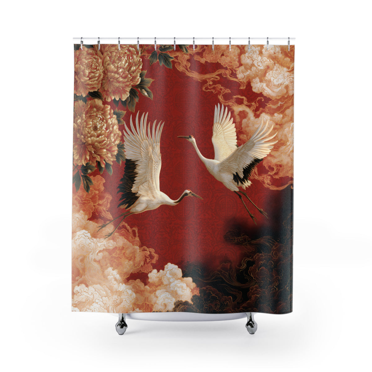 A shower curtain featuring a traditional-style print with two white cranes flying against a deep red background, surrounded by cream clouds and large beige flowers. The curtain is shown hanging from silver rings on a white rod, with small silver feet visible at the bottom against a plain white background.