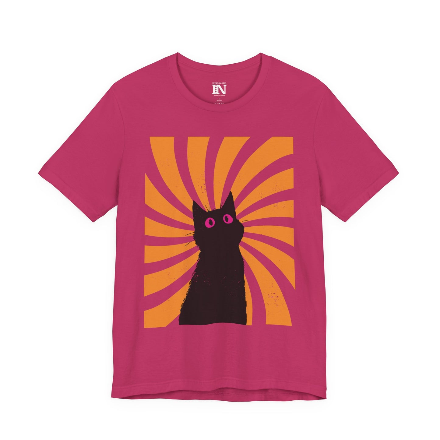 Black Graphic Cat Swirling Sunburst Shirt, Artistic Stylized Feline Tee, Distressed Style, Abstract Style Cat Pink Eye T-shirt, XS-3XL
