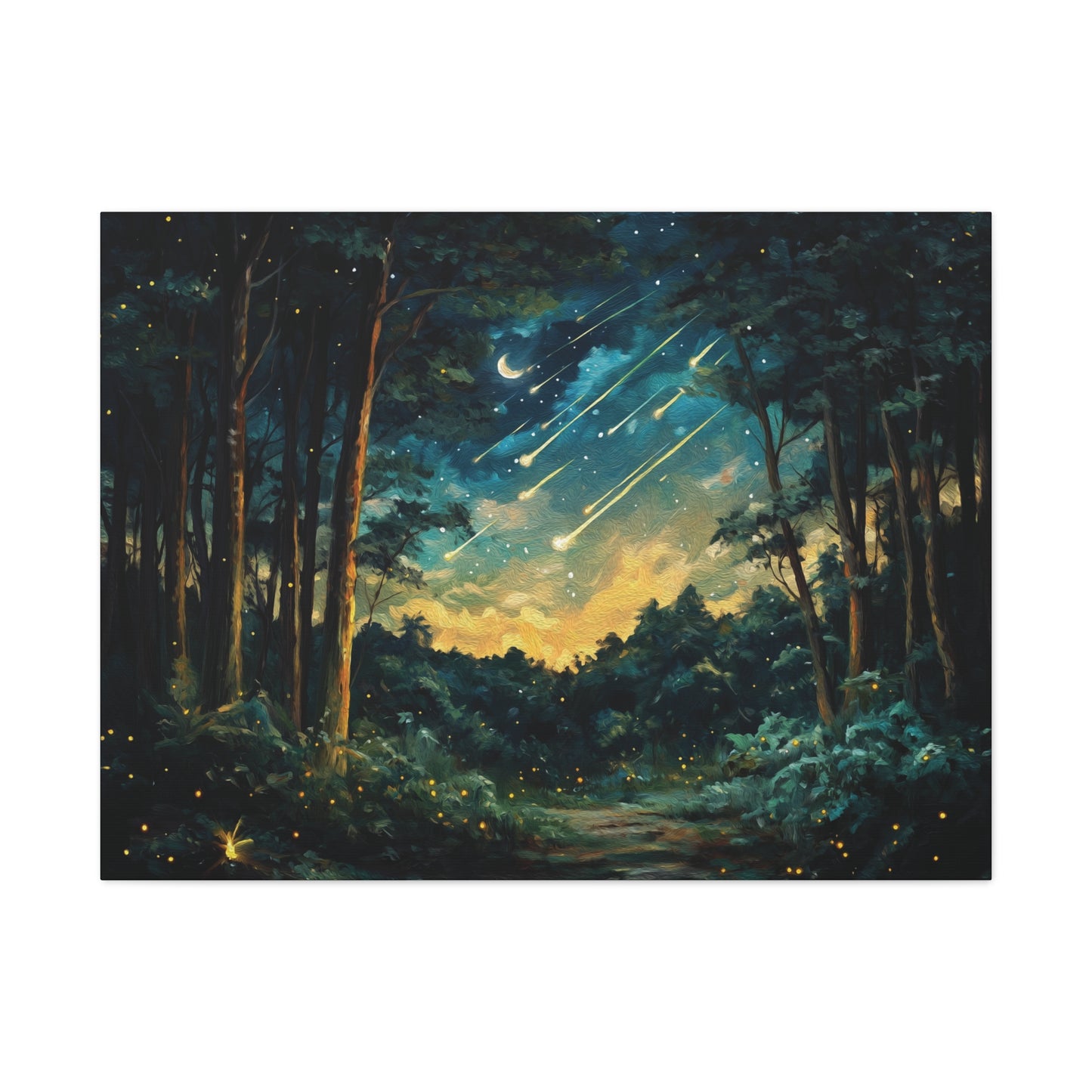 Magical Nighttime Woods Oil Painting Style Canvas Wall Art, Enchanted Forest, Starry Sky, Moon and Shooting Stars, Fireflies, Nature Lover