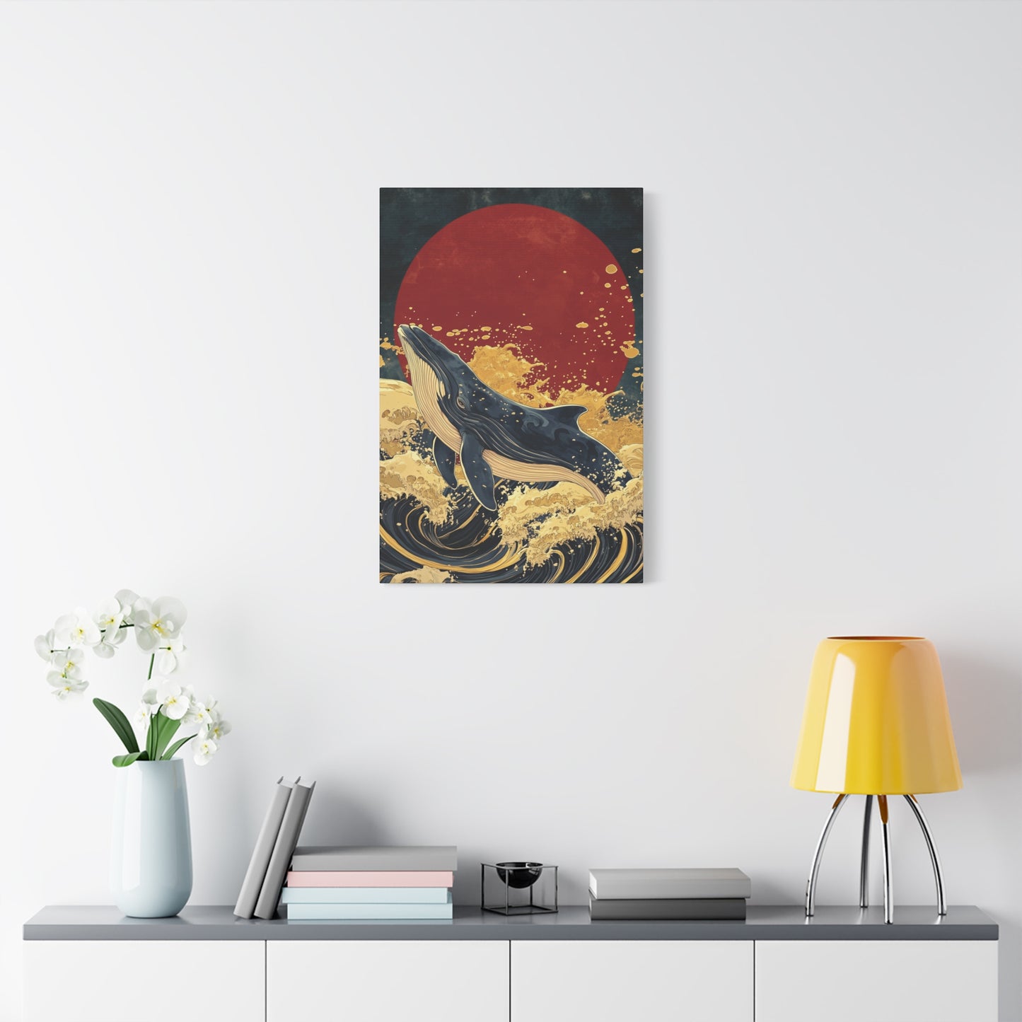 Majestic Whale Breaching Canvas Print, Japanese Art Inspired, Ocean Lover Gift, Japan Lover Gift, Wall Art Decor, Red Sun Painting