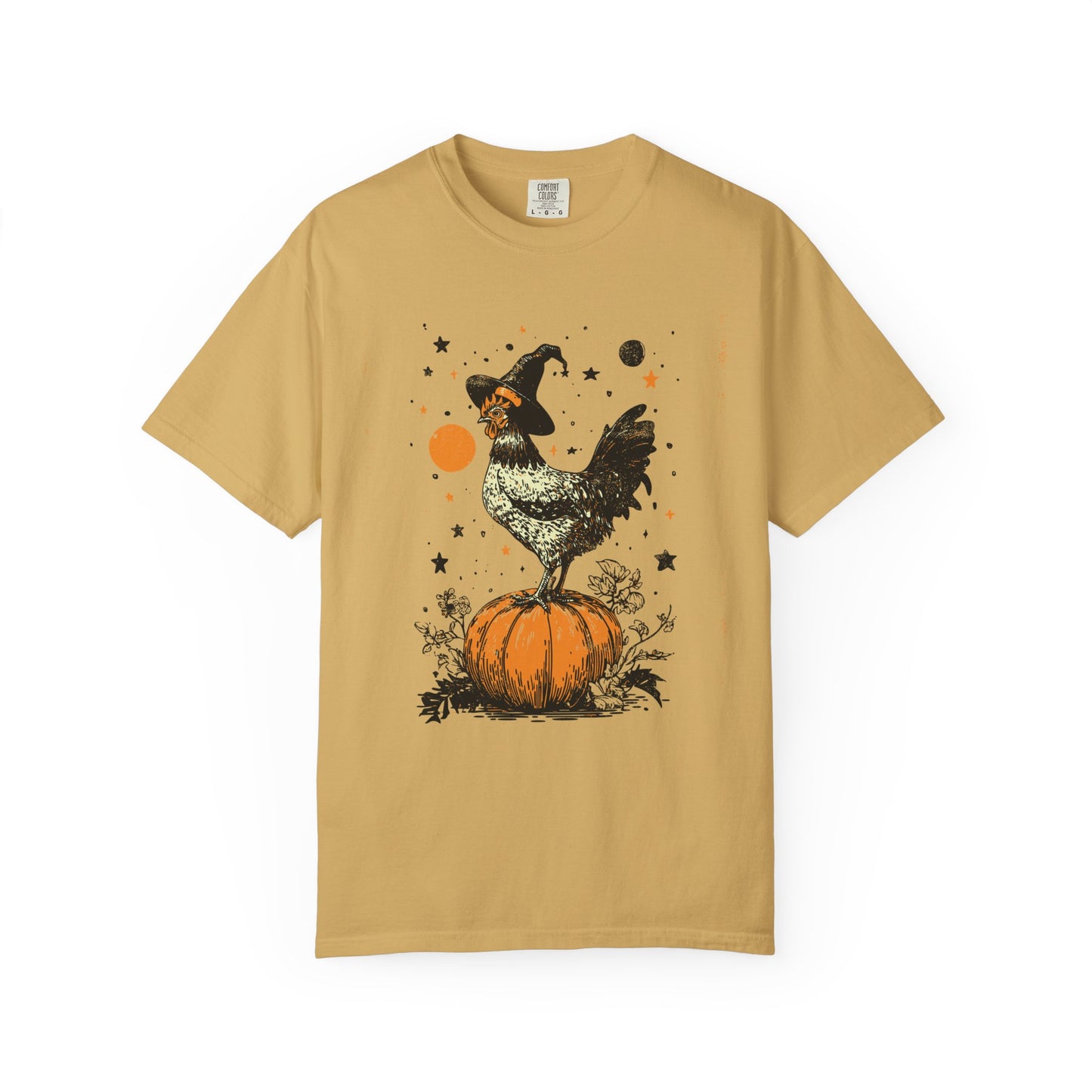 Comfort Colors Farmyard Halloween Chicken Garment-Dyed T-shirt, Spooky Pumpkin Witch Hat Rustic Autumn Tee, Fall Style, Harvest Time Shirt