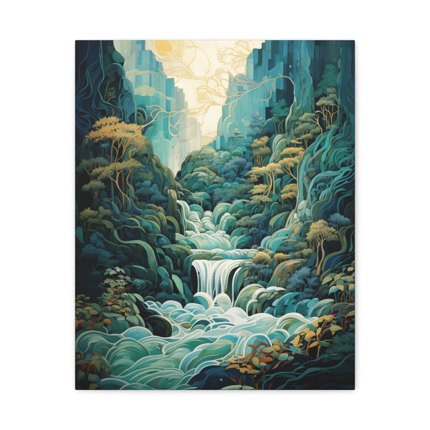 Waterfall Landscape Abstract Style Canvas Wall Art, Teal Green Blue Wall Decor, Nature Artwork, Modern Home Decor, Serene Art Print