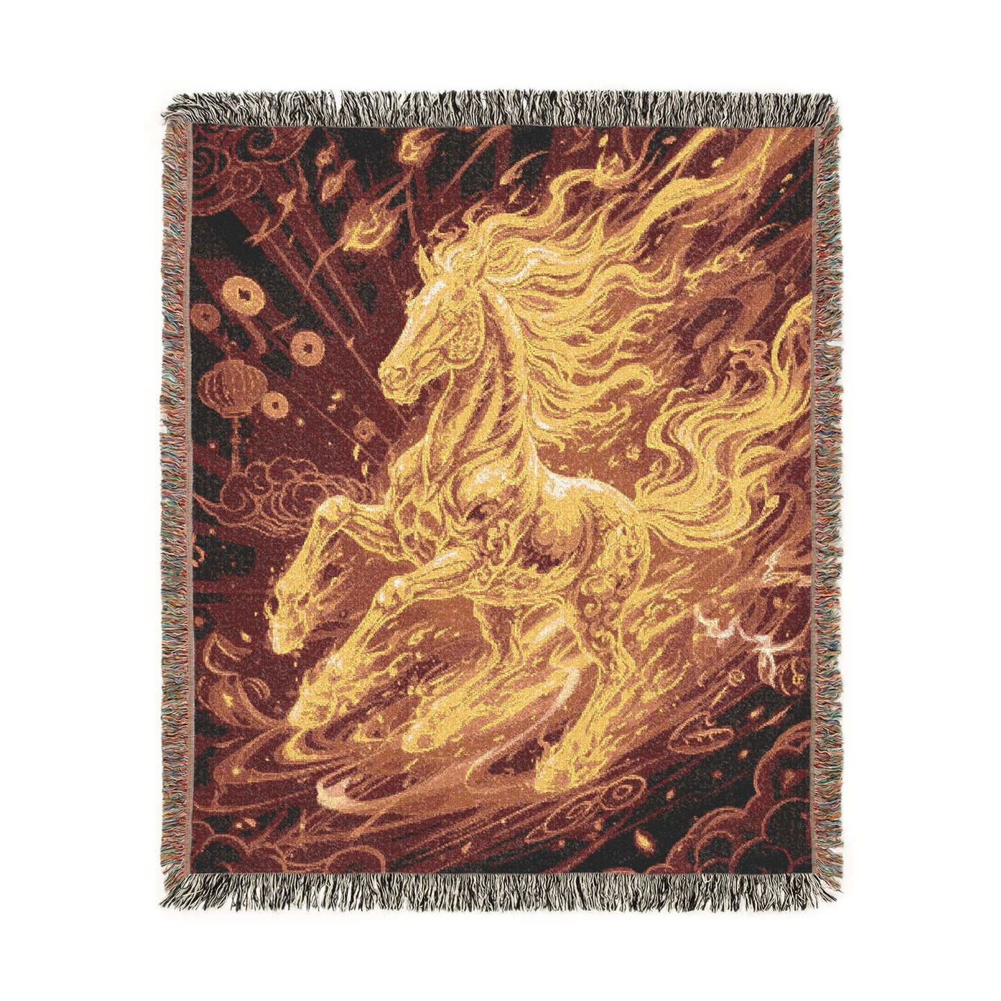 Fiery Horse Woven Blanket, Golden Fantasy Tapestry, Year of the Horse Gift, Chinese New Year 2026 Jacquard Throw, Equestrian Wall Decor