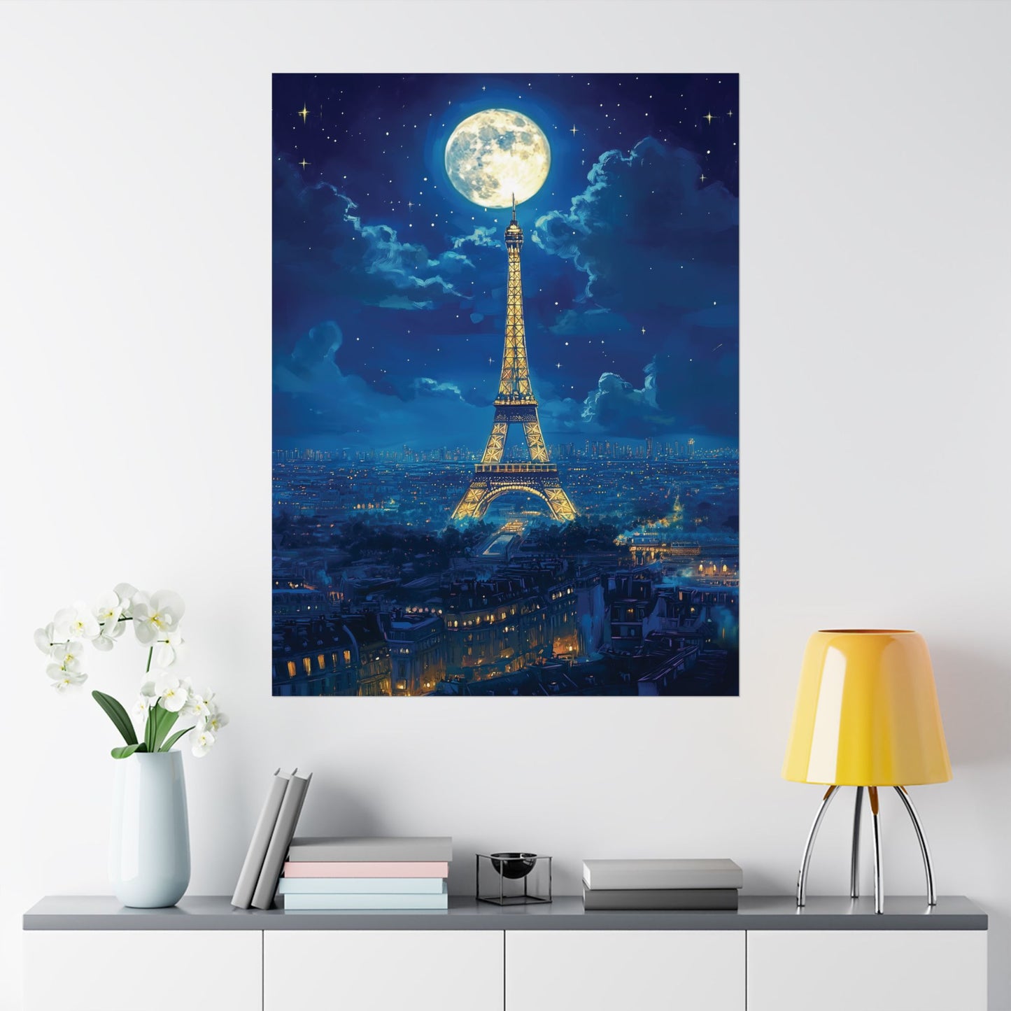 Paris Night View Poster, Eiffel Tower Illuminated in Golden Lights Wall Art, Celestial Paris Art Print, Romantic Paris Home Office Decor