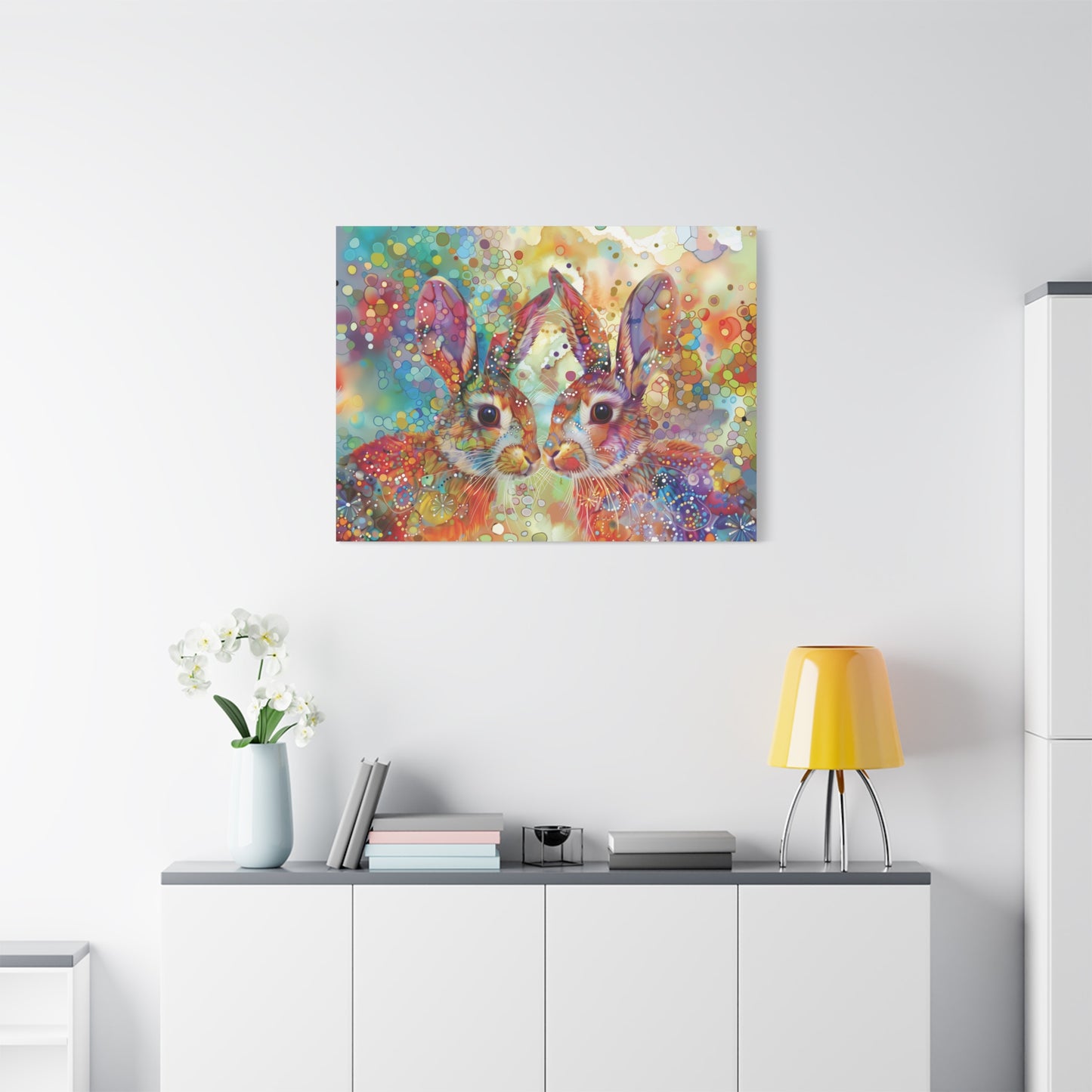 Whimsical Rabbit Wall Decor Canvas Print Art, Rainbow Colorful Bunny Print, Abstract Animal Painting, Nursery Kids Room Decoration