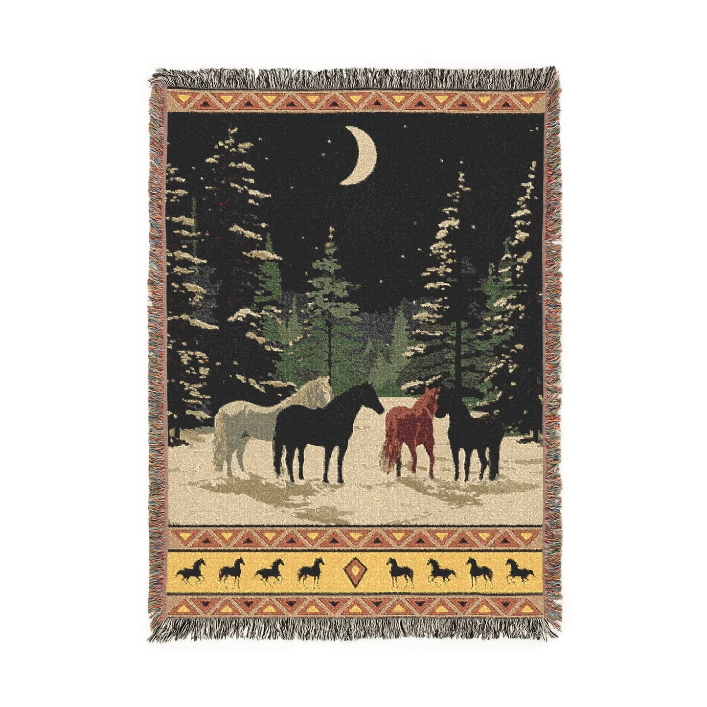 Southwestern Horse Woven Blanket, Winter Scene Tapestry, Rustic Cabin Decor Jacquard Throw, Western Equestrian Snowy Moonlit Forest Art
