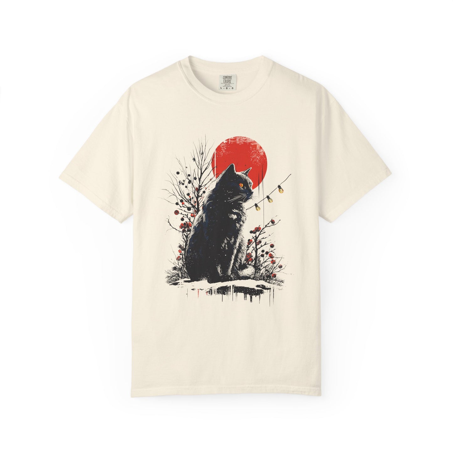 Black Graphic Cat Christmas T-Shirt, Festive Holiday Cat Shirt with Sun & Winter Lights, Xmas Cat Lover Gift Tee