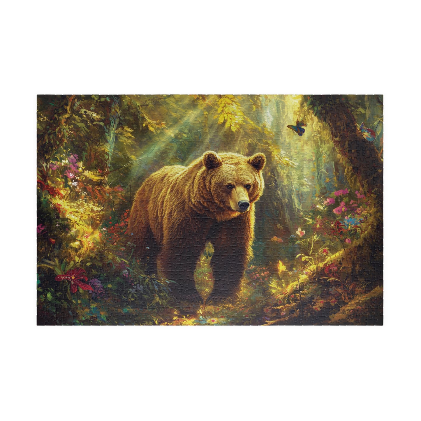 Majestic Bear Jigsaw Puzzle, Bear Lover Gift, Enchanted Woodland Jungle, Floral Wood Wildflowers Puzzle, Nature Enthusiast Gift, Wall Art