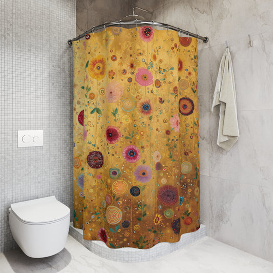 A shower curtain with a vintage Klimt-style floral pattern in gold, pink, red, and green, hanging in a modern gray tiled bathroom next to a white toilet and with a towel on the wall.