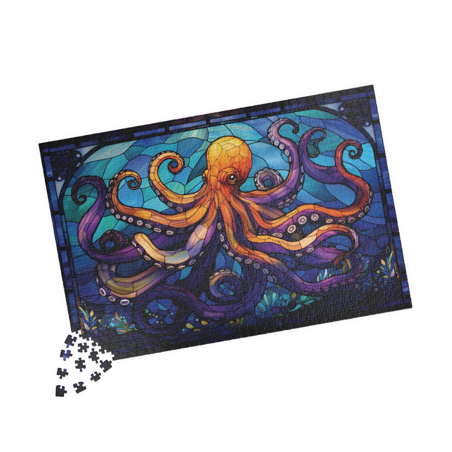 Octopus Faux Stained Glass 1014-Piece Jigsaw, Kraken Puzzle, Sea Life Puzzle, Ocean Theme Activity, Relaxing Hobby, Family Bonding Game