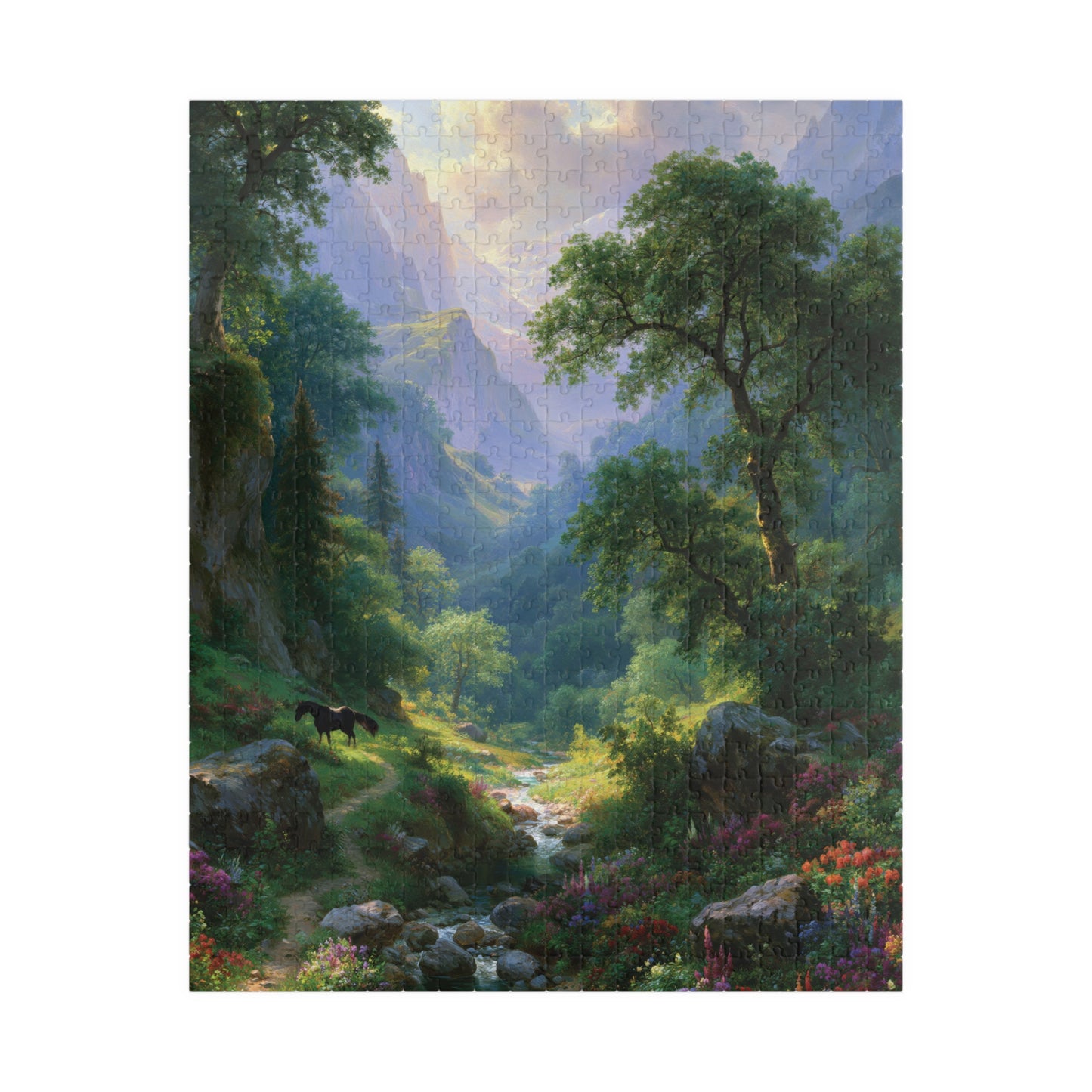 Scenic Mountain Valley Jigsaw Puzzle, Wildflower Meadow Art, Black Horse Landscape, Nature Lover Gift, 500 1000 Piece Brain Teaser