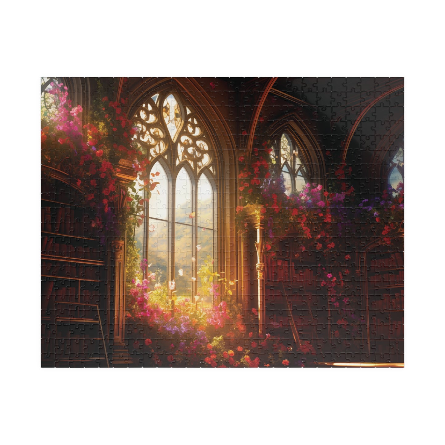 Gothic cathedral puzzle with floral decorations on a white background