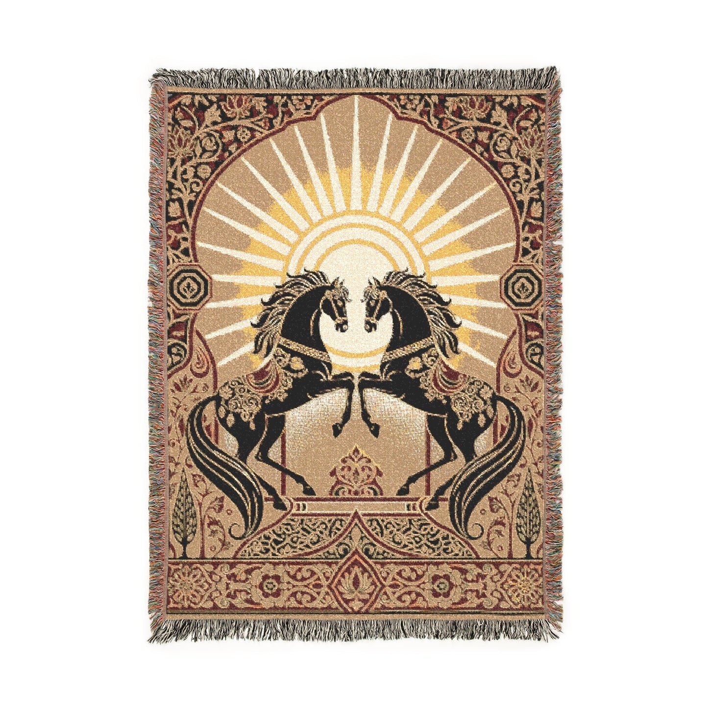 Bohemian Horse Woven Blanket, Celestial Sun Tapestry, Persian Art Jacquard Throw, Maximalist Wall Hanging, Spiritual Equestrian Decor Gift