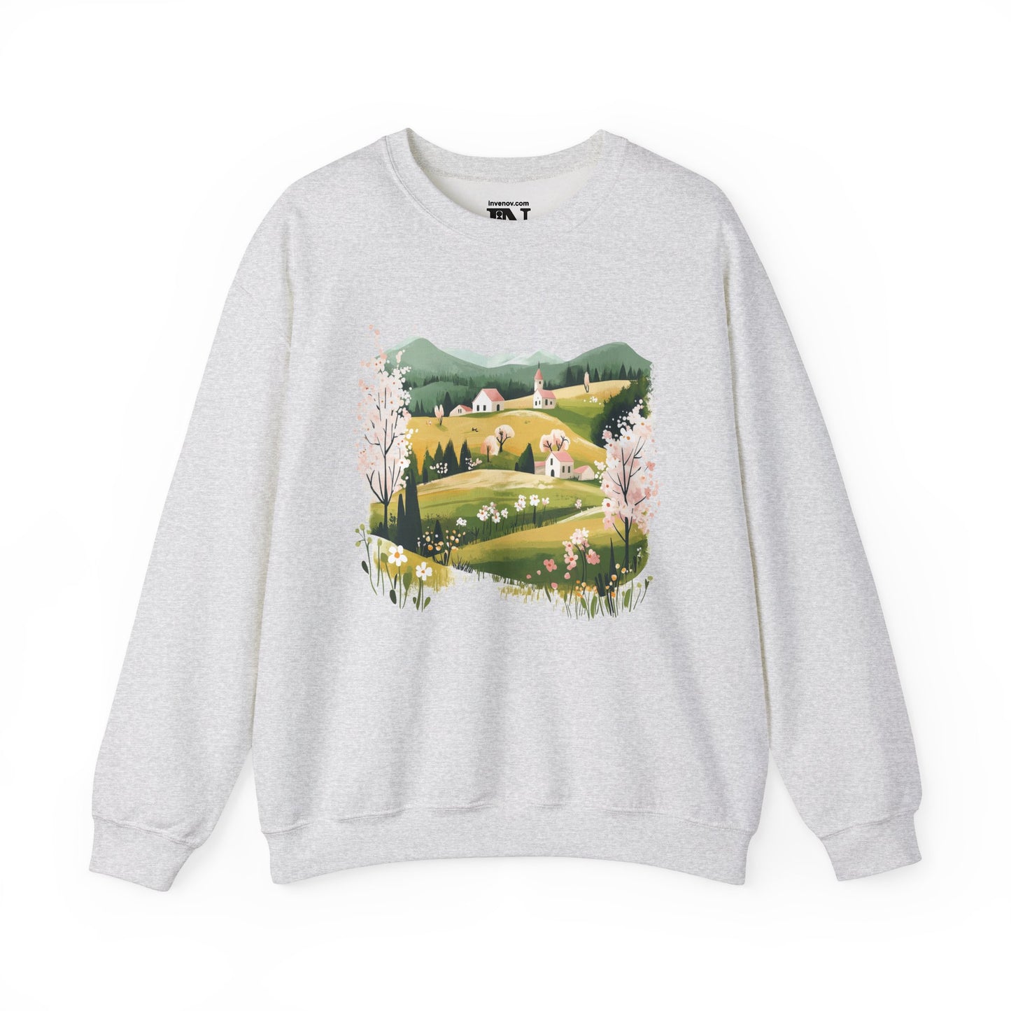 Spring Landscape Crewneck Sweatshirt, Green Hill Cottage Graphic Jumper, Nature Meadow Floral Pullover, Mountain View Pastel Sweater