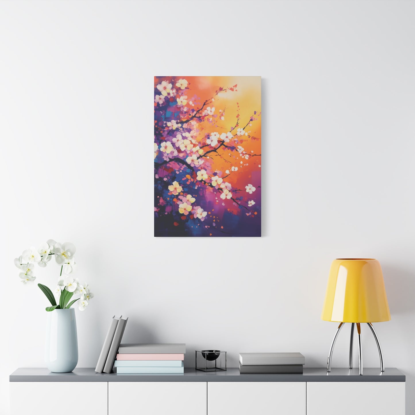 Cherry Blossom Impressionistic Painting Canvas Wall Art, Floral Wall Art for Living Room, Office Home Decor, Flower Artwork, Sunset Gradient