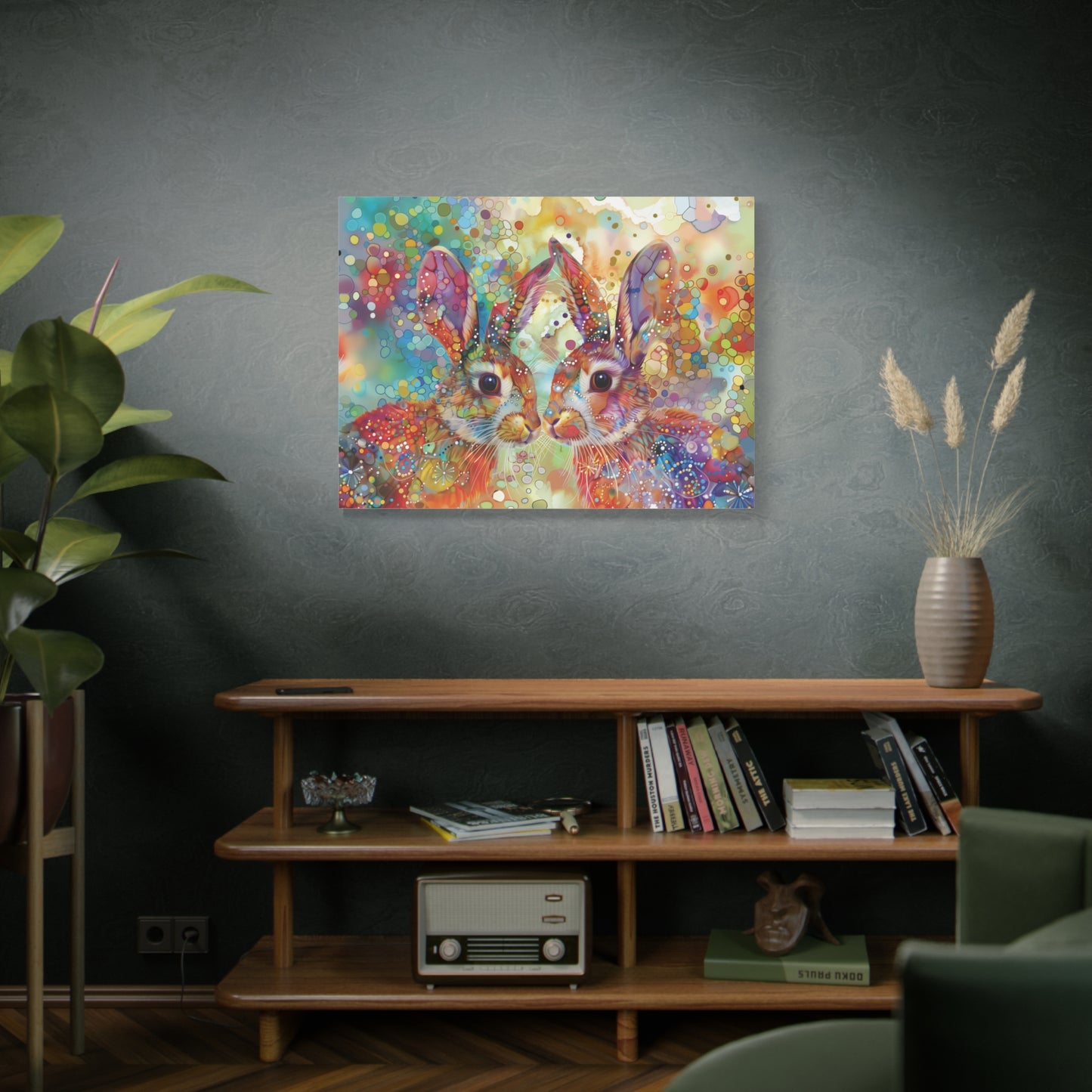 Whimsical Rabbit Wall Decor Canvas Print Art, Rainbow Colorful Bunny Print, Abstract Animal Painting, Nursery Kids Room Decoration