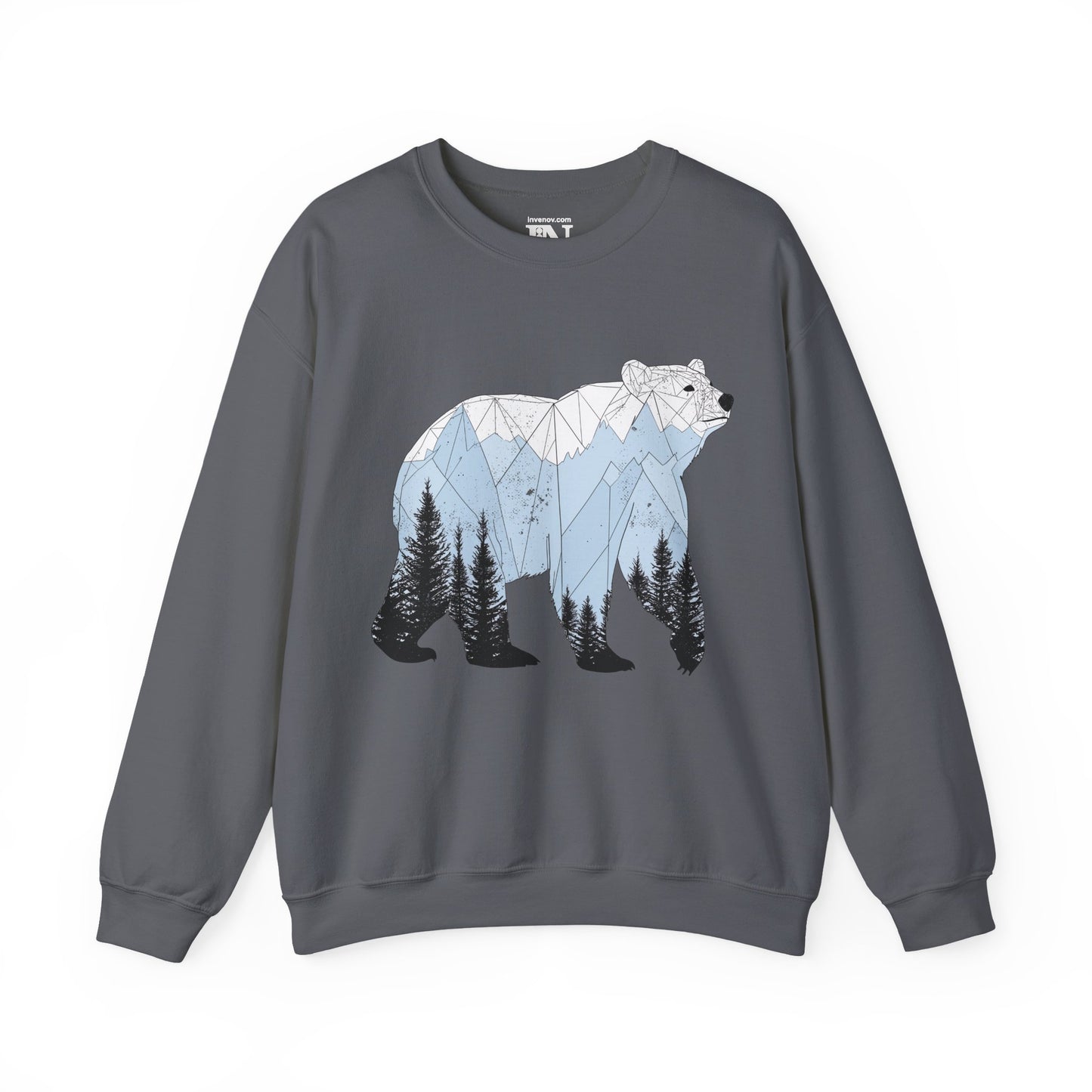 Geometric Bear Sweatshirt, Nature-Inspired Crewneck, Mountain Pine Tree Art Sweater, Winter Cozy Jumper, Unique Gift for Nature Lovers