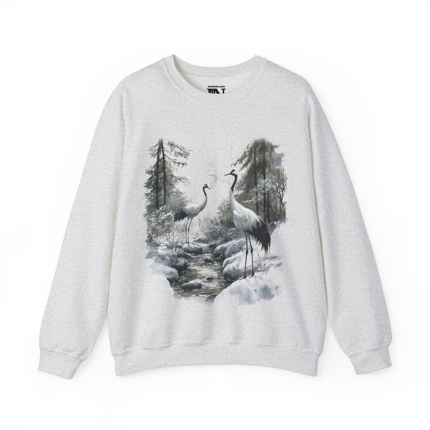 Retro Winter Crane Crewneck Sweatshirt, Spring Tranquil Forest Scene, Cozy Nature Art Sweater, Snowy Tree Jumper, Watercolor Crane Sweater