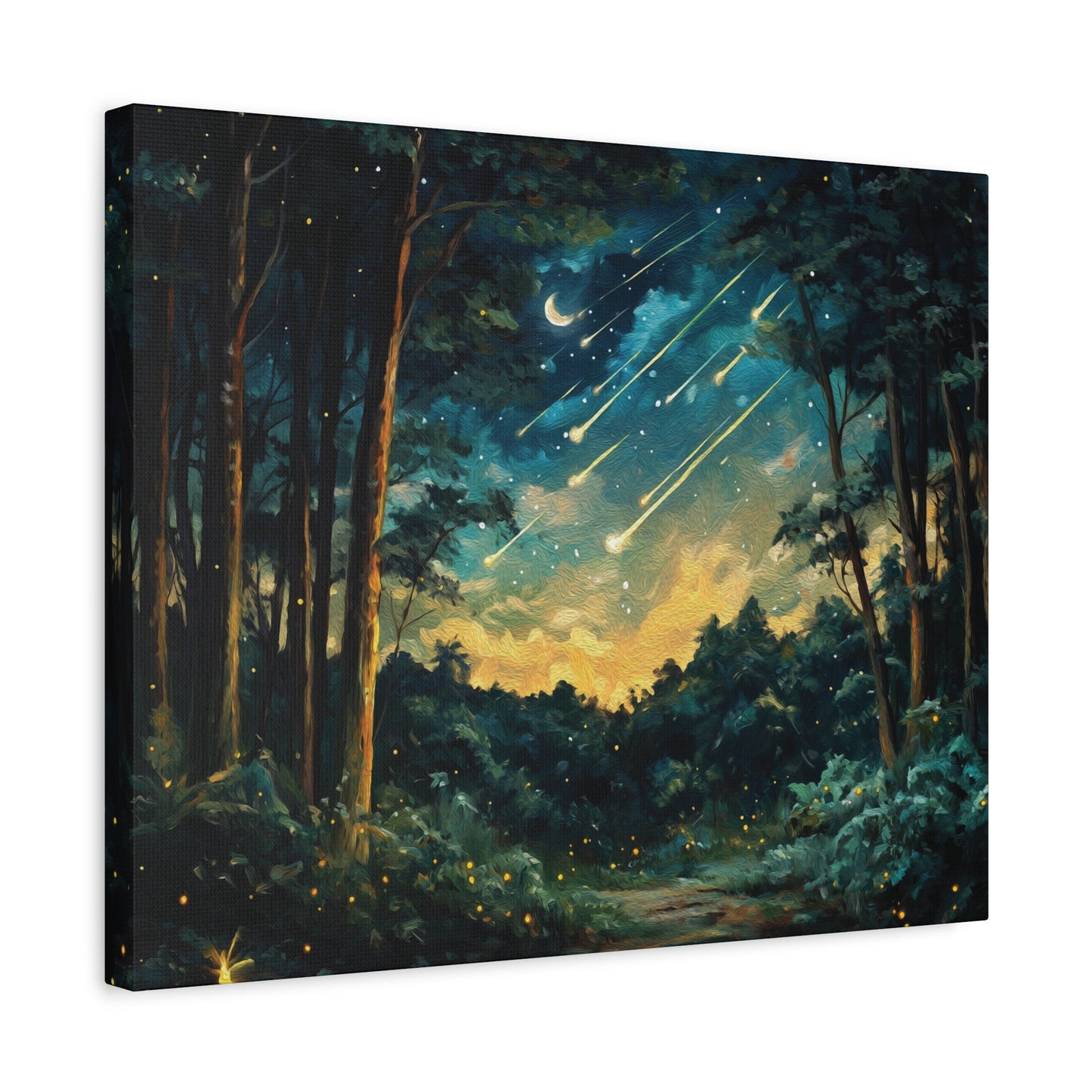 Magical Nighttime Woods Oil Painting Style Canvas Wall Art, Enchanted Forest, Starry Sky, Moon and Shooting Stars, Fireflies, Nature Lover