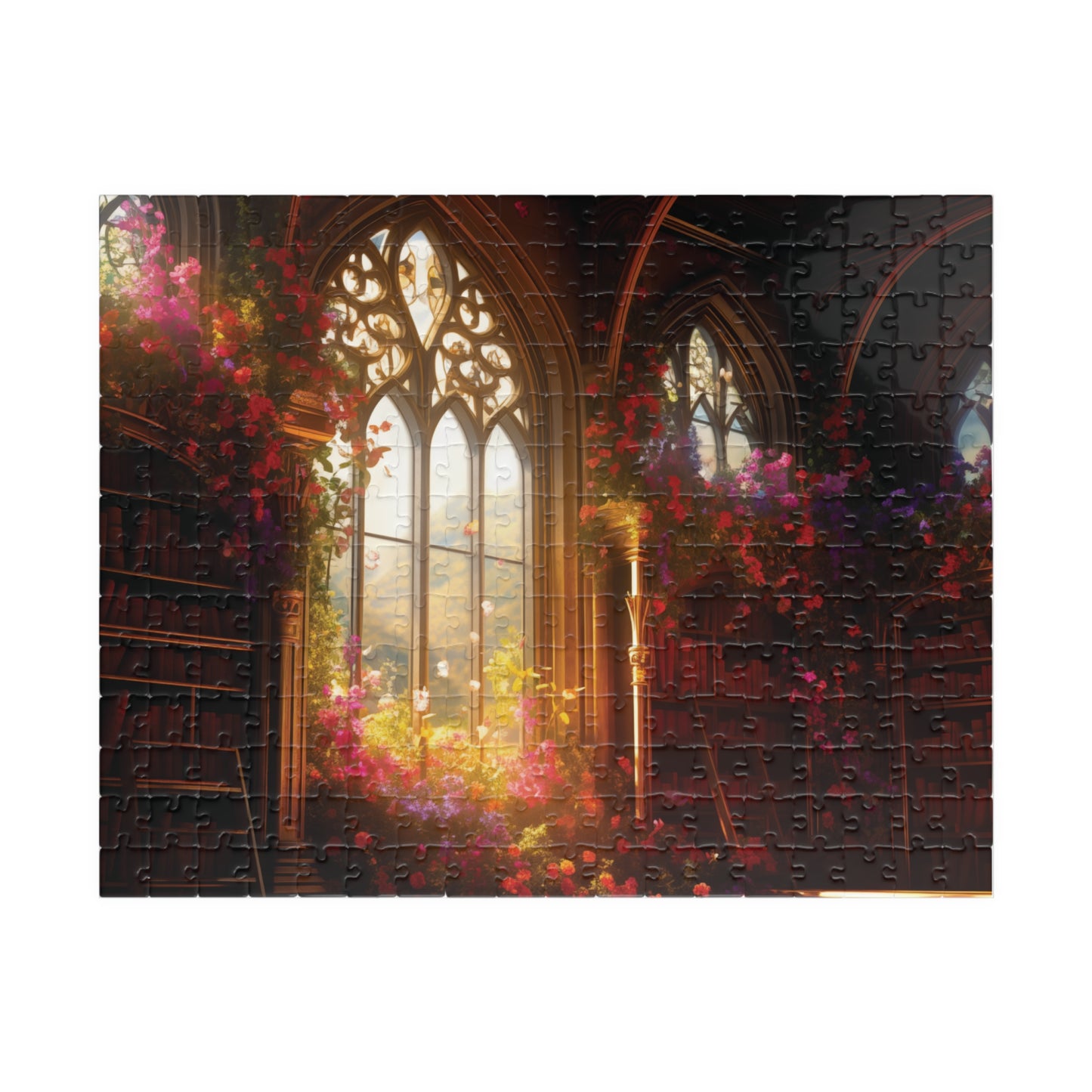 Gothic cathedral puzzle with floral decorations on a white background