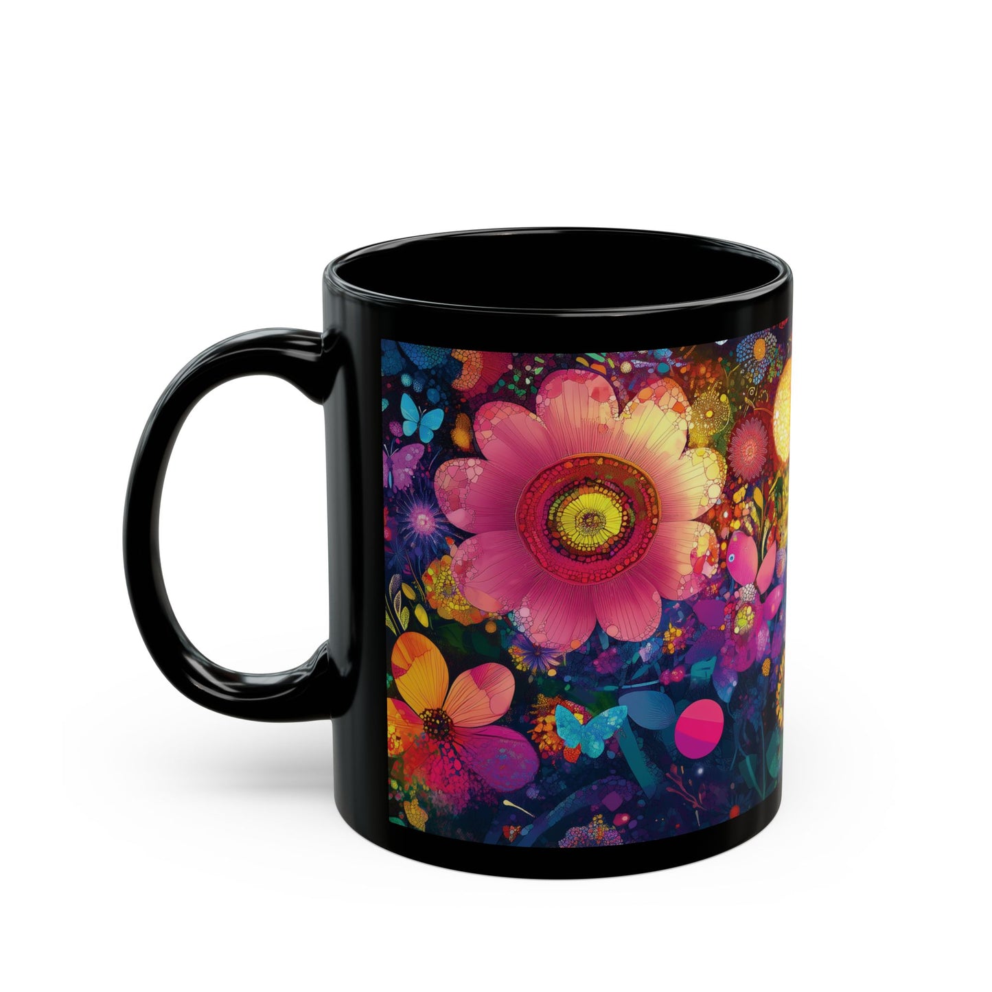 Colorful Floral Garden Black Mug, Vibrant Flower Art Coffee Cup, Gift for Mom, Mosaic Style Drinking Mug, Butterfly and Orb Design