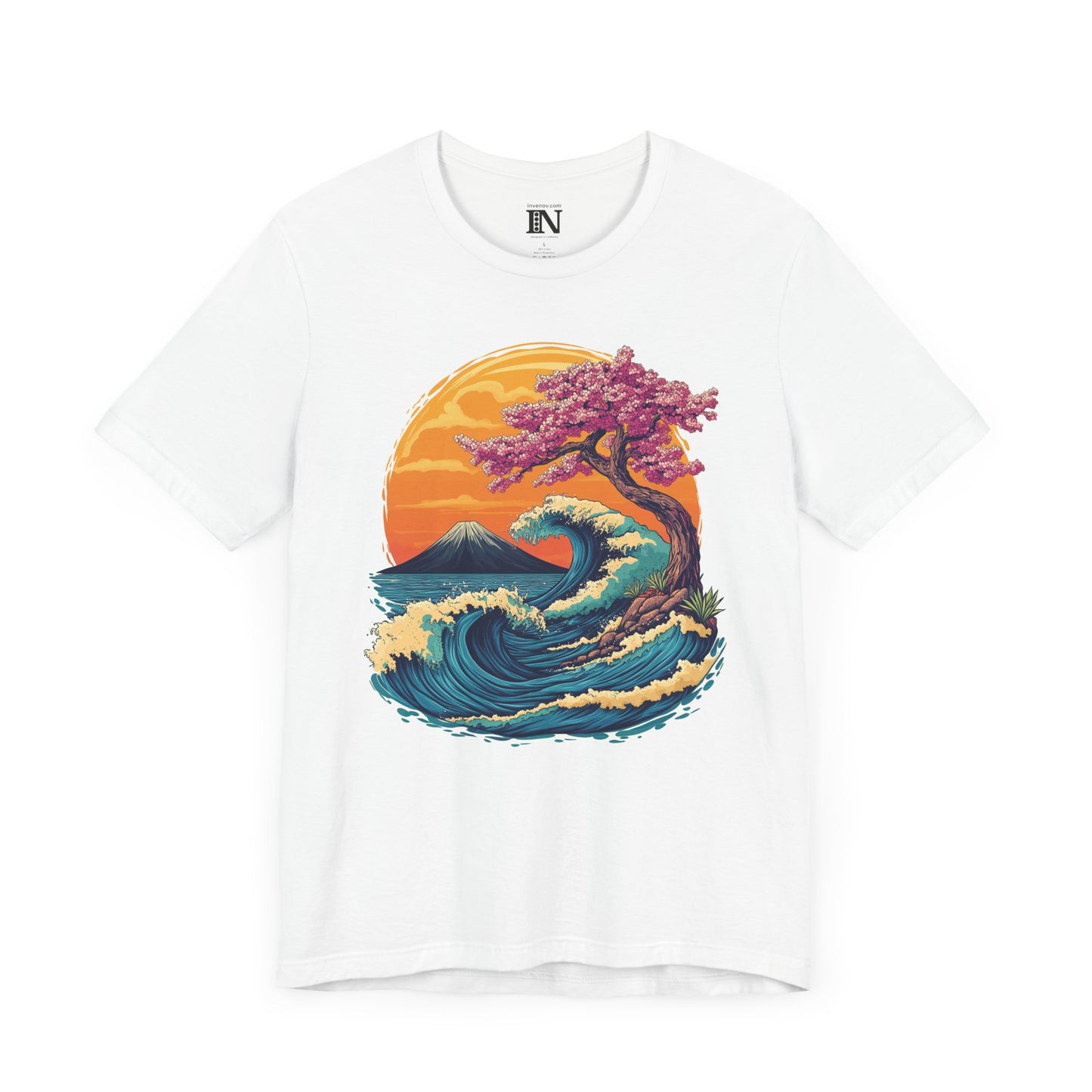 Vibrant Tropical Sakura Wave T-shirt, Ocean Sunset Tee, Japanese Inspired Top, Nature Graphic Shirt, Cherry Blossom, Mount Fuji Shirt