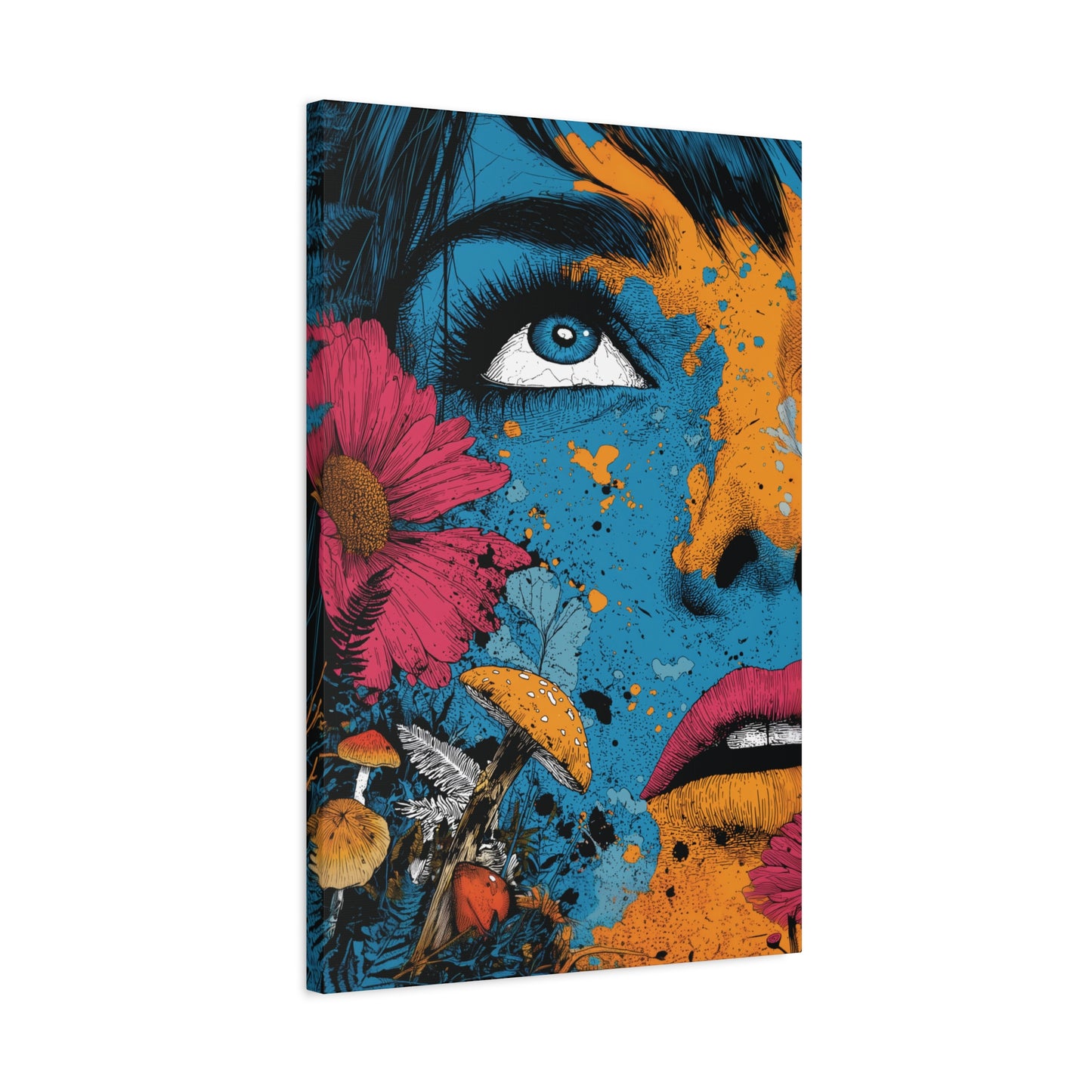 Woman's Face Surrealism and Psychedelic Pop Canvas Art Print, Whimsical Mushrooms and Floral Pop Art, Edgy Art Decor, Living Room Decoration