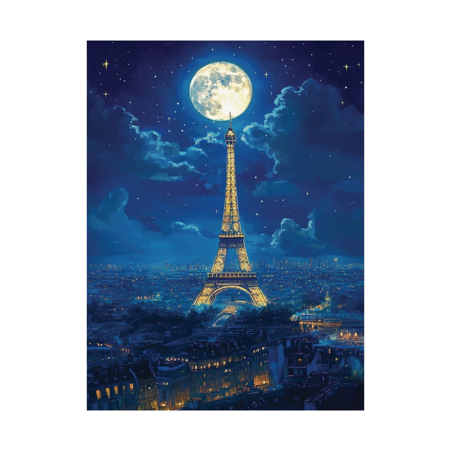 Paris Night View Poster, Eiffel Tower Illuminated in Golden Lights Wall Art, Celestial Paris Art Print, Romantic Paris Home Office Decor