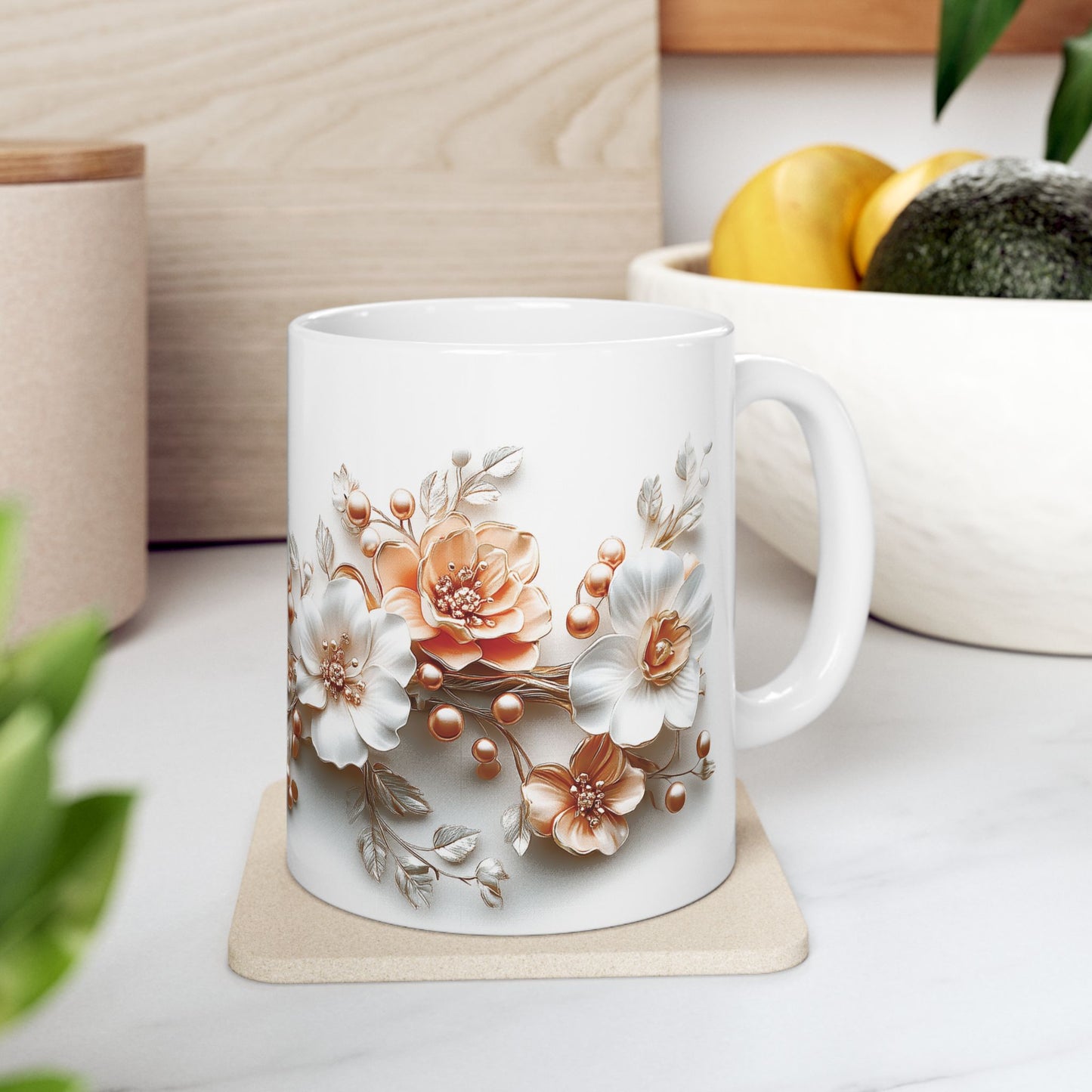 Floral Ceramic Mug, Mother's Day Gift, Peach and White Flower Design, Coffee Tea Cup, Appreciation Gift, Gift for Her, Mother's Day Present