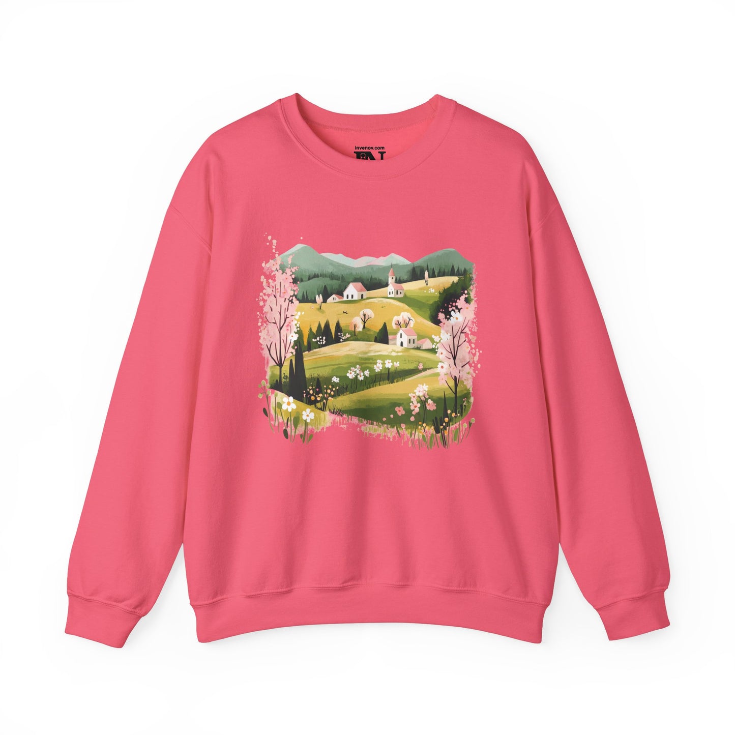 Spring Landscape Crewneck Sweatshirt, Green Hill Cottage Graphic Jumper, Nature Meadow Floral Pullover, Mountain View Pastel Sweater