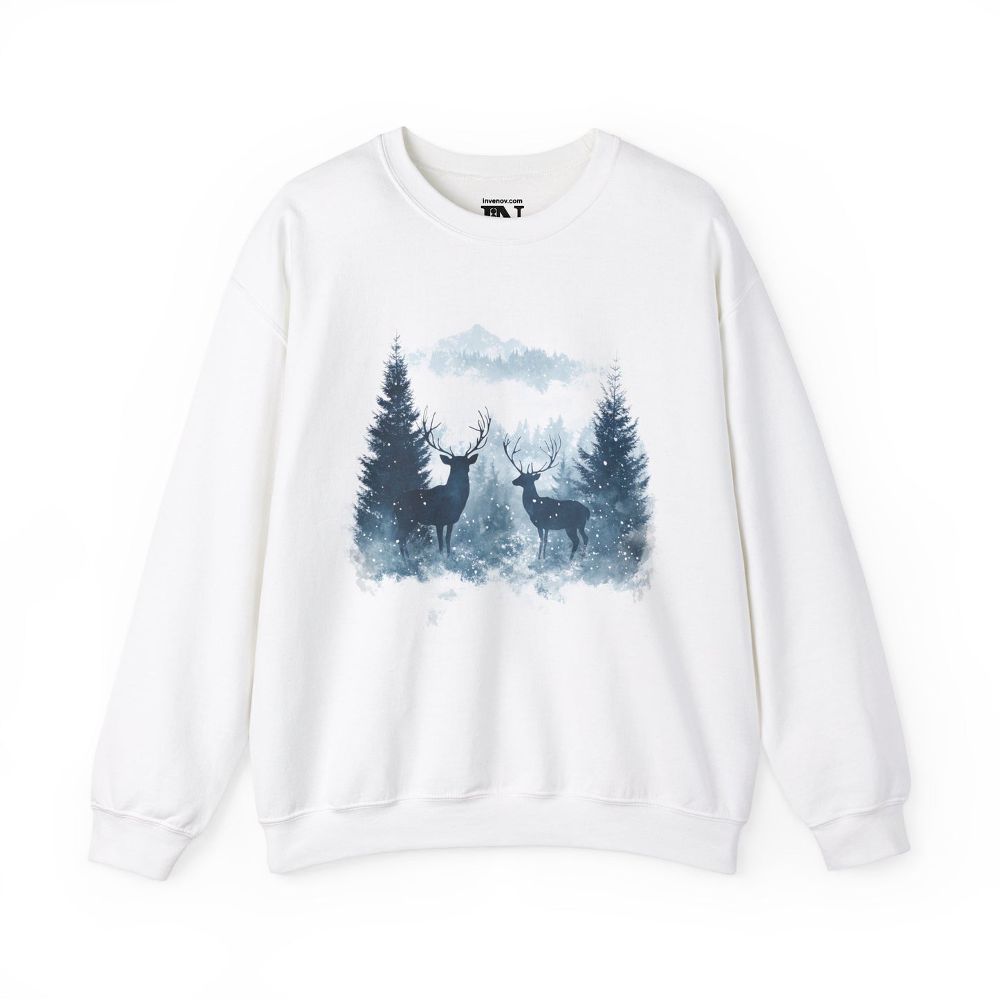 Winter Forest Deer Scene Sweatshirt, Snowy Evergreen Tree Graphic, Ethereal Watercolor Style, Peaceful Winter Atmosphere, Unisex Cozy