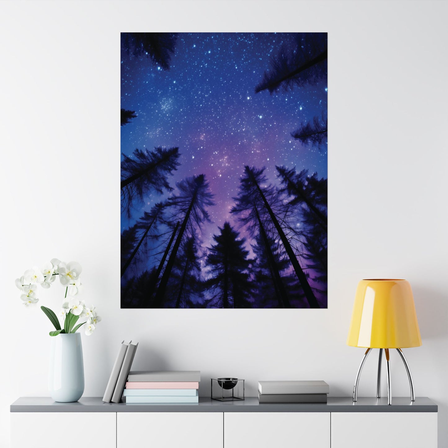 Celestial Starry Night Sky Poster, Trees Silhouette Astronomy Print, Nature Lover Home Decor, Galaxy Wall Art Gift, Dreamy Purple Blue Sky