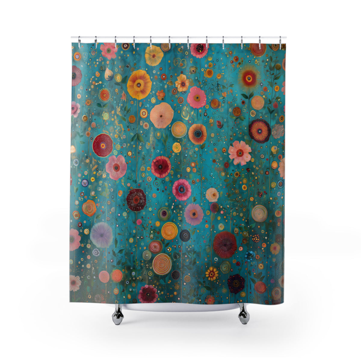 A shower curtain featuring a vibrant, multicolored abstract floral pattern on a teal background, shown hanging from silver hooks against a plain white studio background.