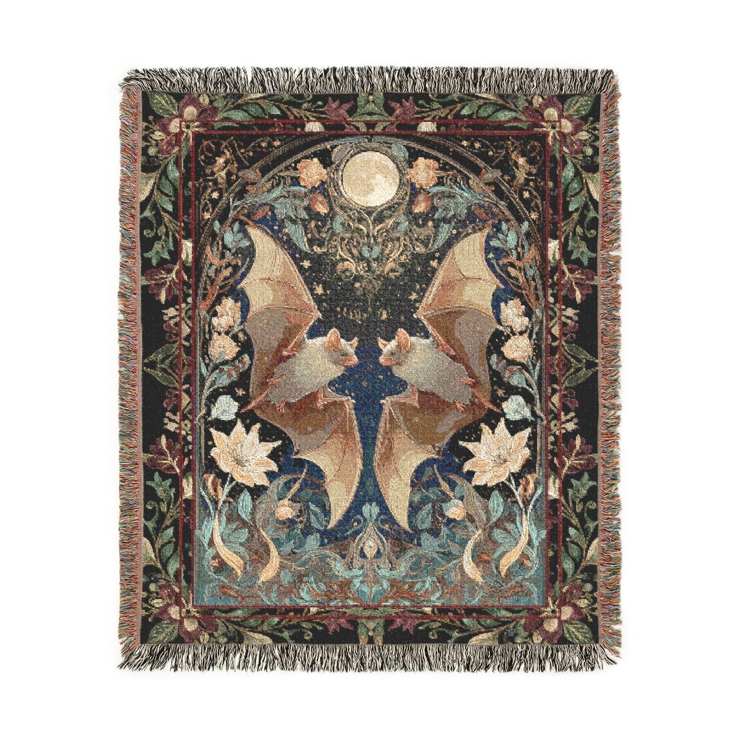 Bat Woven Blanket, Gothic Tapestry, Celestial Wall Hanging, Witchy Moody Botanical Art Jacquard Throw, Dark Academia Whimsigoth Wedding Gift