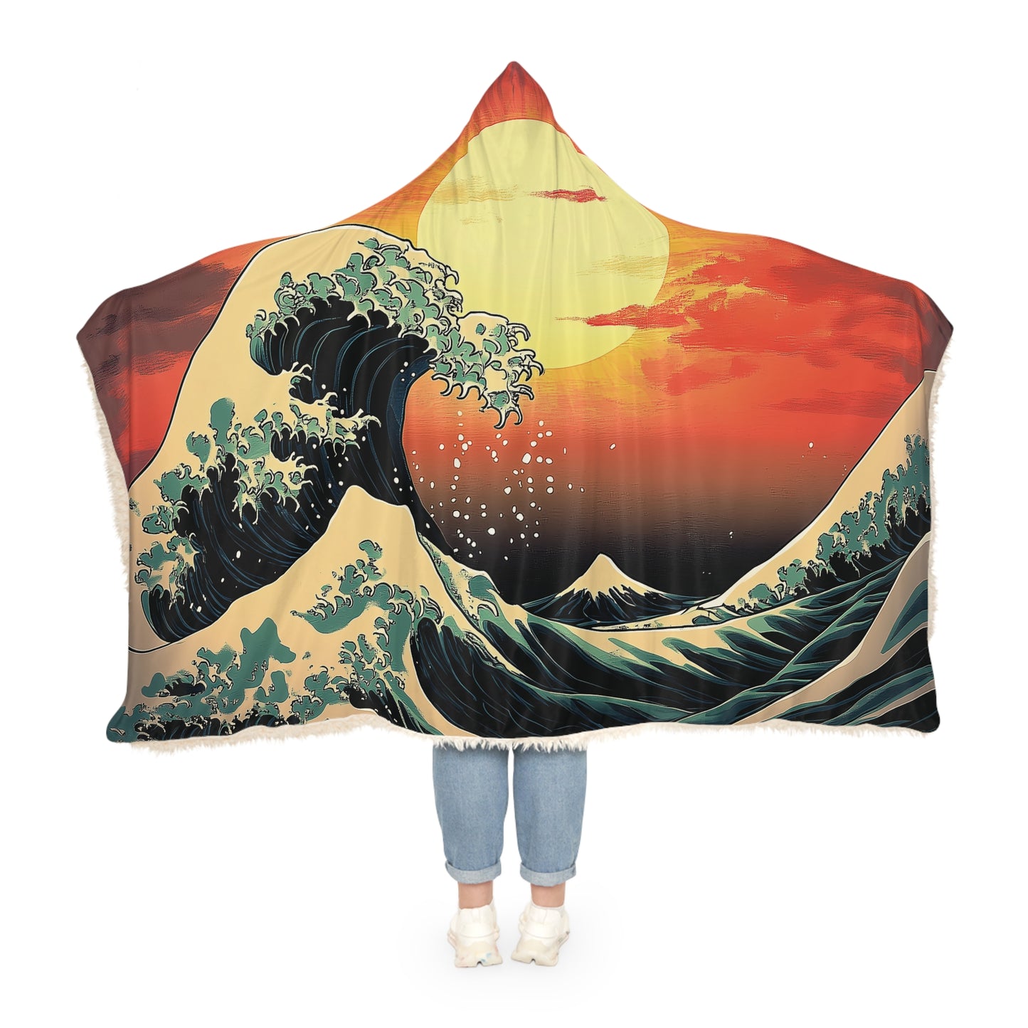 Hooded Blanket, Snuggle Blanket, Kanagawa Waves Design, Japanese-Inspired Snuggle Blanket, Microfiber Fleece, Sherpa Material, Warmth