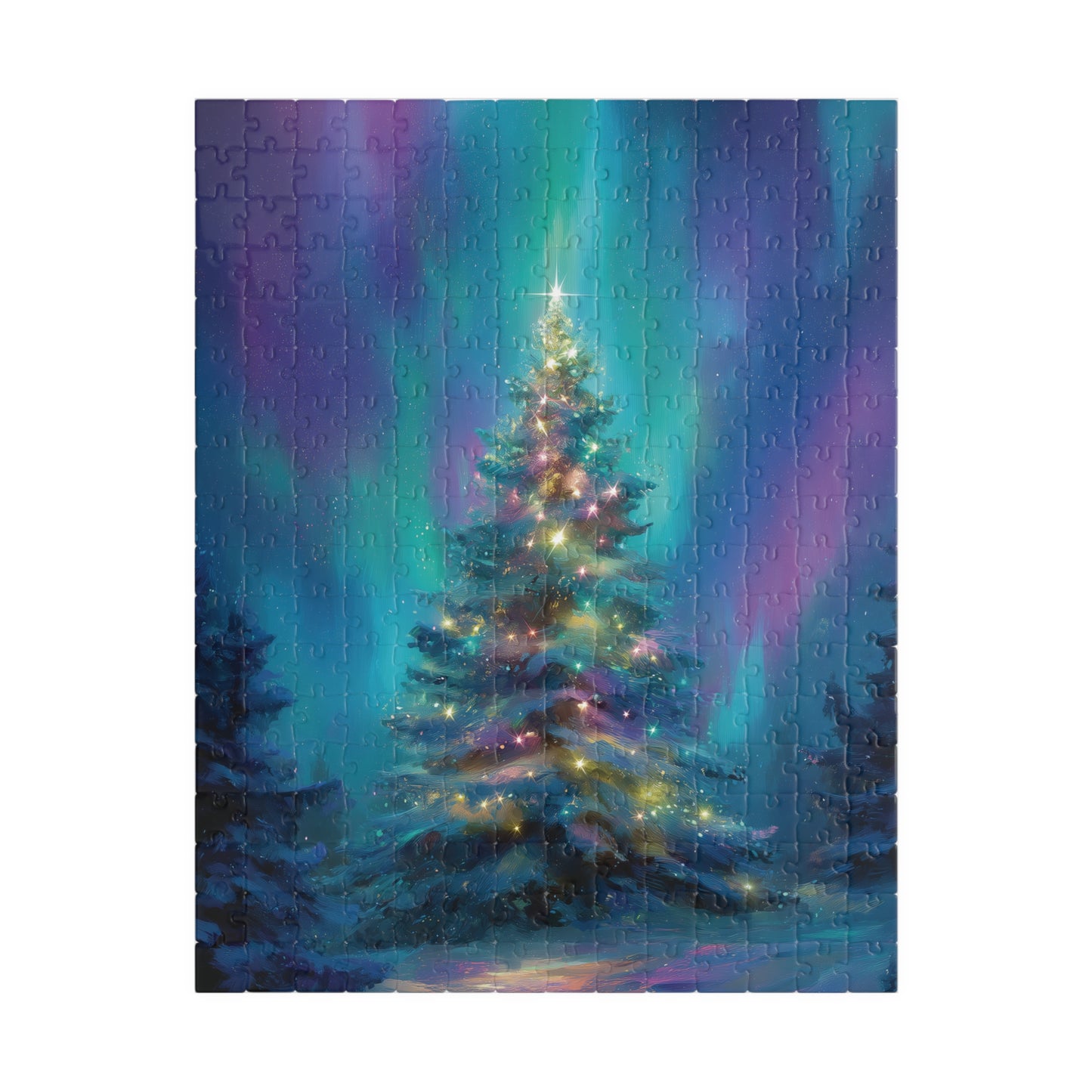 Christmas Tree Northern Lights Puzzle, Seasonal Winter Jigsaw Game, Xmas Holiday Gift for Puzzle Lovers - 110, 252, 520, 1014 pieces