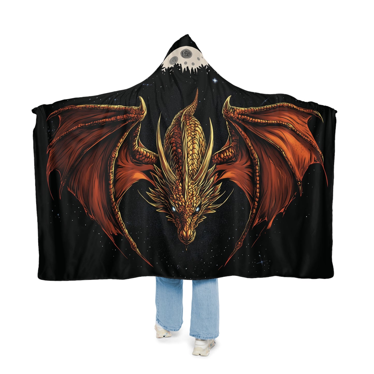 Dragon Hooded Snuggle Blanket, Golden Dragon Design, Fantasy Sherpa Blanket, Microfiber Fleece Throw, Cosy Hoodie Blanket, Dragon Lover Gift