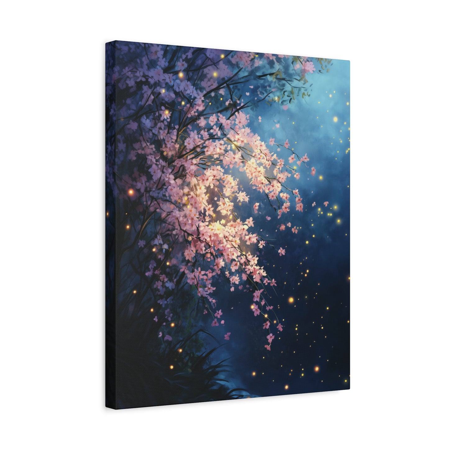 Cherry Blossom Night Scene Canvas Print, Magical Firefly Artwork, Ethereal Nature Wall Art, Sakura Flower Canvas Wall Art, Home Office Decor