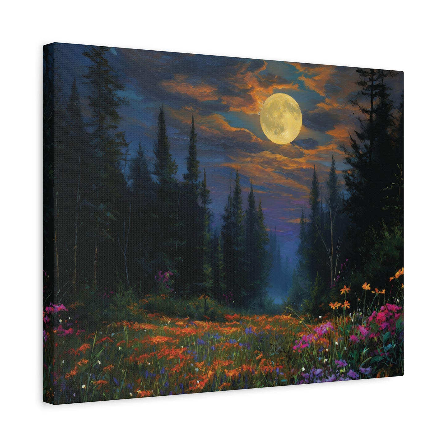 Celestial Moonlit Forest Wildflower Meadow Canvas Wall Art, Pine Trees Twilight Sky Print, Nature Lover Bedroom Living Room Cabin Decor