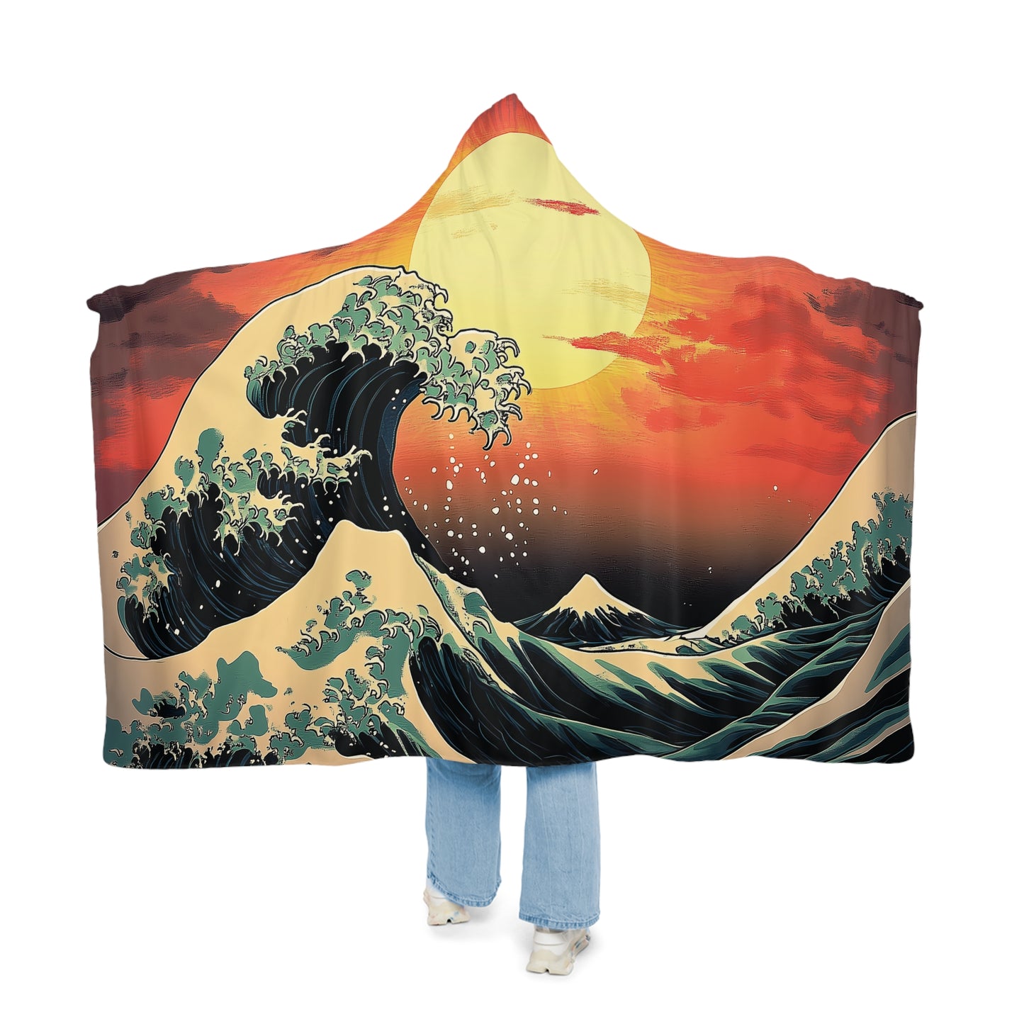 Hooded Blanket, Snuggle Blanket, Kanagawa Waves Design, Japanese-Inspired Snuggle Blanket, Microfiber Fleece, Sherpa Material, Warmth