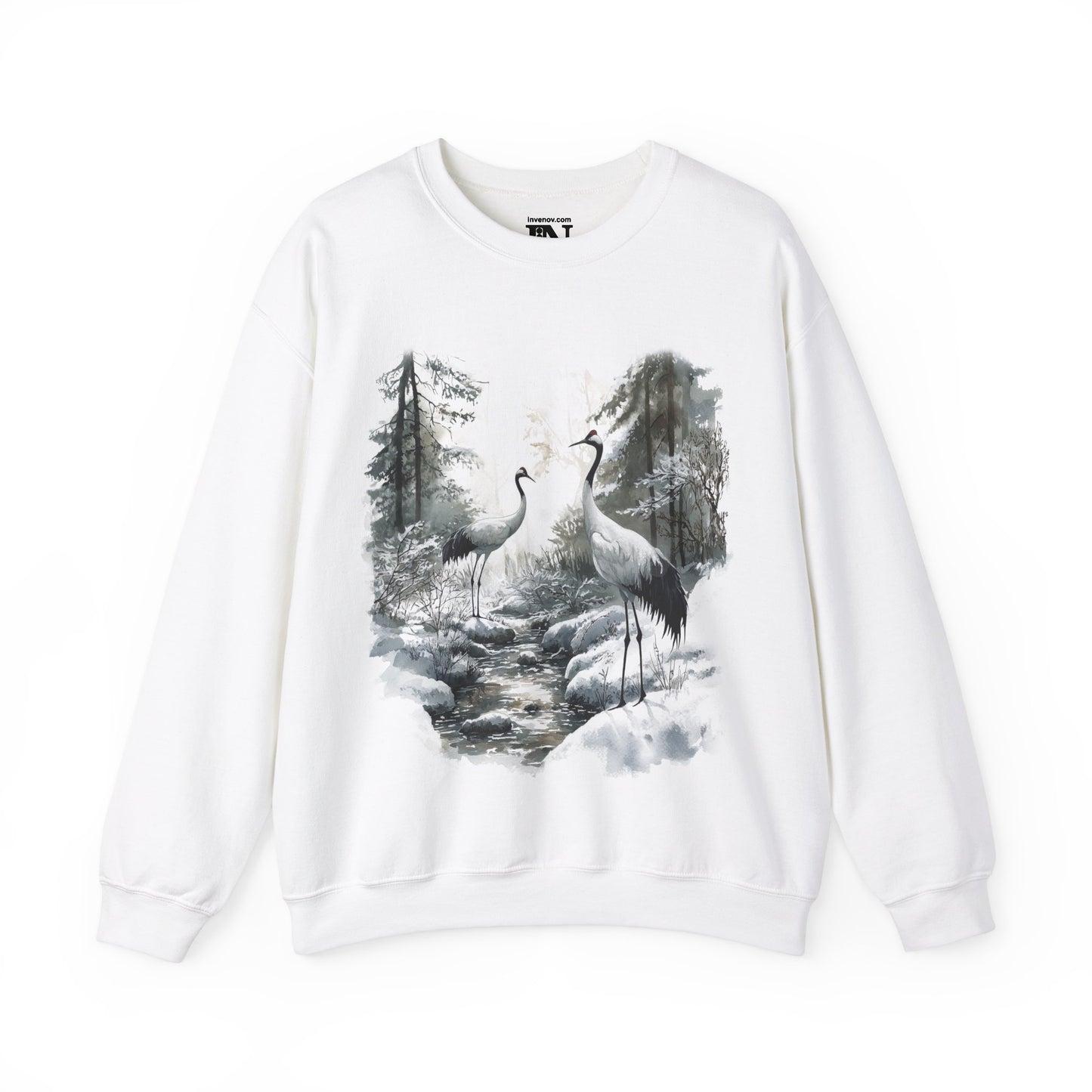 Retro Winter Crane Crewneck Sweatshirt, Spring Tranquil Forest Scene, Cozy Nature Art Sweater, Snowy Tree Jumper, Watercolor Crane Sweater