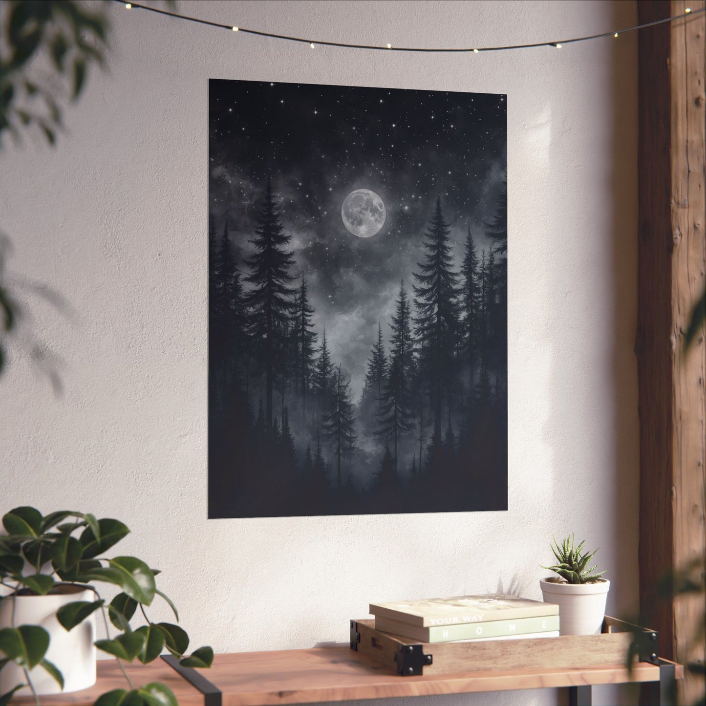 Moonlit Forest Nightscape Poster, Mystical Nature Full Moon Artwork, Serene Atmosphere Wall Art, Home Office Decor Gift Outdoor Enthusiasts